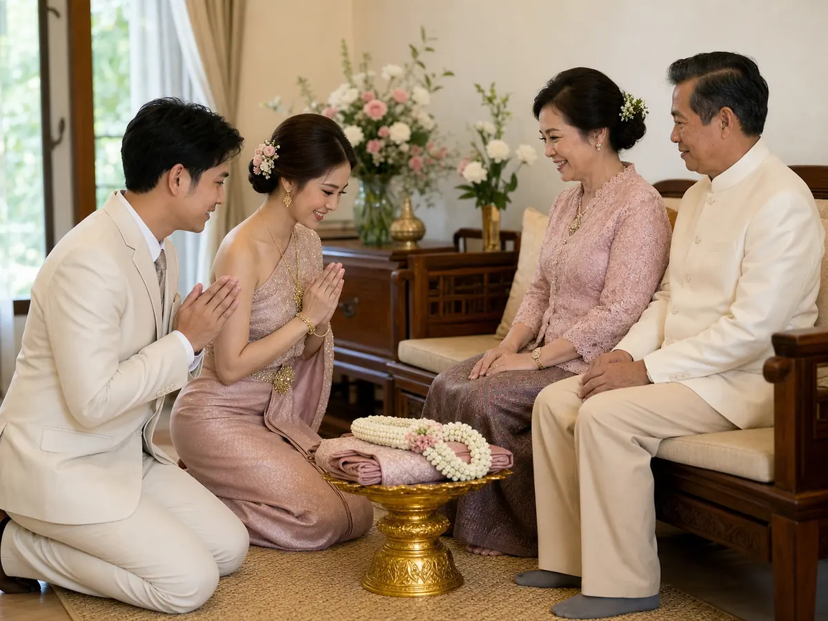 บ่าวสาวไทยนั่งพับเพียบไหว้ผู้ใหญ่โดยมีพานผ้าไหมและพวงมาลัยวางอยู่ตรงกลาง