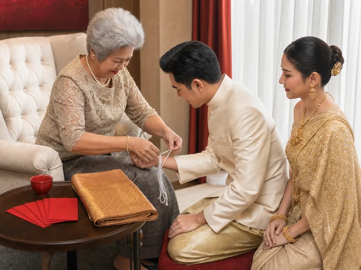 ผู้ใหญ่ผูกสายสิญจน์ให้เจ้าบ่าวที่คุกเข่า โดยมีถ้วยชาที่เพิ่งจิบและซองอั่งเปาวางอยู่ข้างๆ