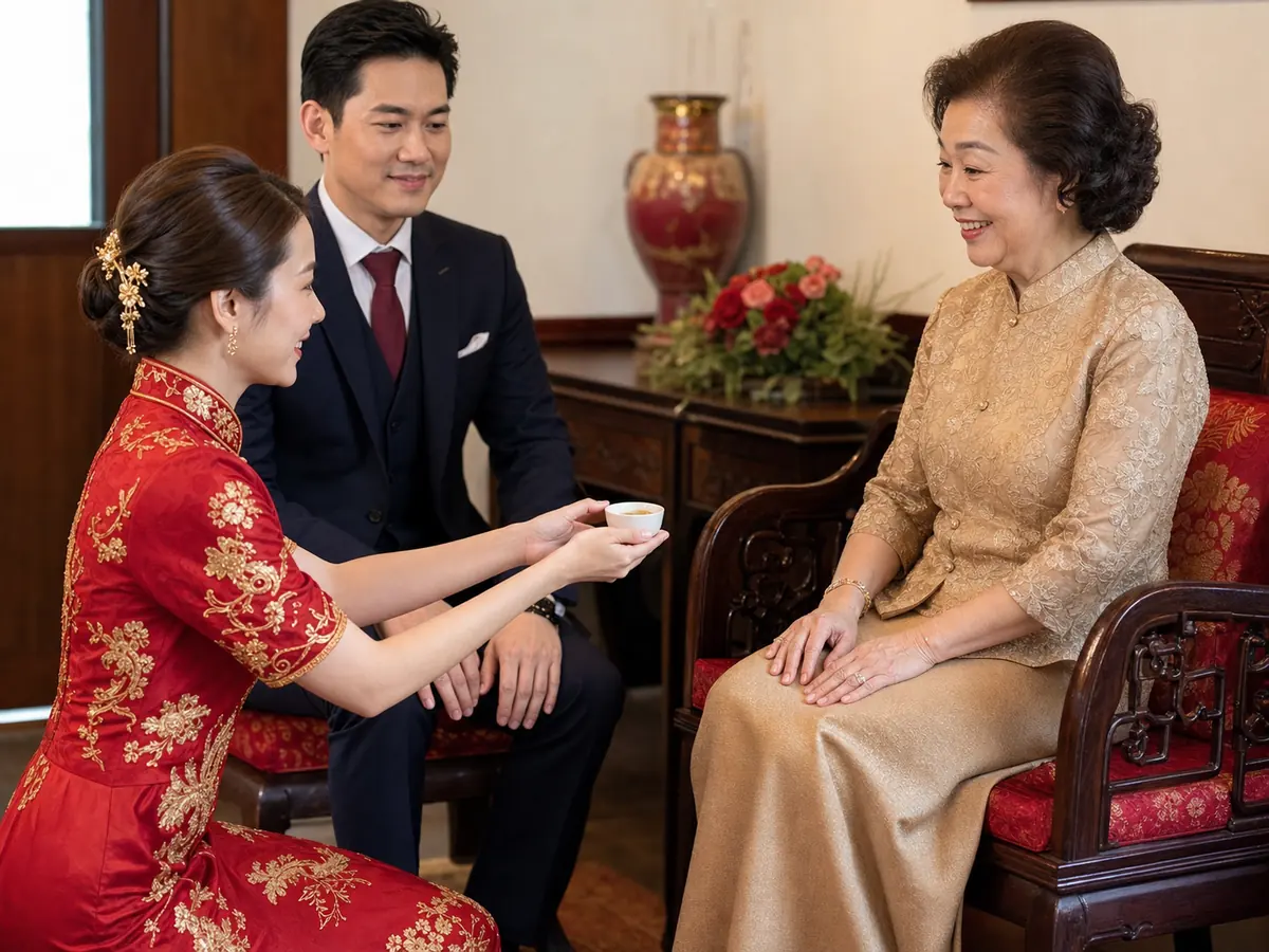 เจ้าสาวไทยเชื้อสายจีนประคองถ้วยชาด้วยสองมือเพื่อมอบให้ญาติผู้ใหญ่