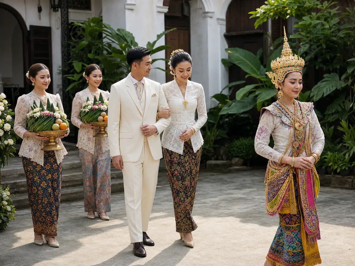 ขบวนขันหมากงานแต่งภาคใต้ในลานเรือนชิโนโปรตุกีส นำโดยนักแสดงโนราและบ่าวสาวชุดบาบ๋า-ย่าหยา