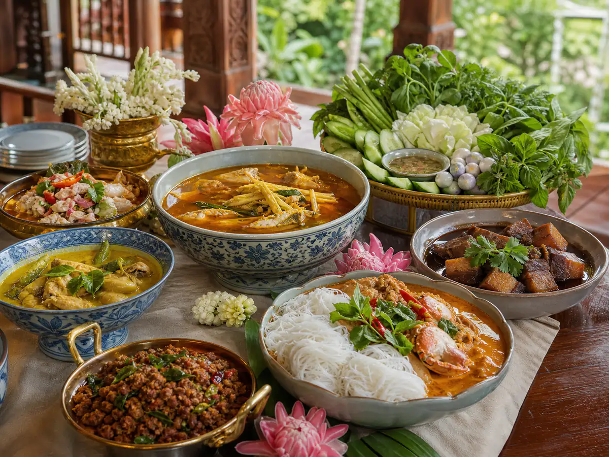 สำรับอาหารใต้ในงานแต่ง มีแกงส้มปลา คั่วกลิ้ง ขนมจีนน้ำยาปู หมูฮ้อง ไก่ต้มขมิ้น และผักเหนาะ