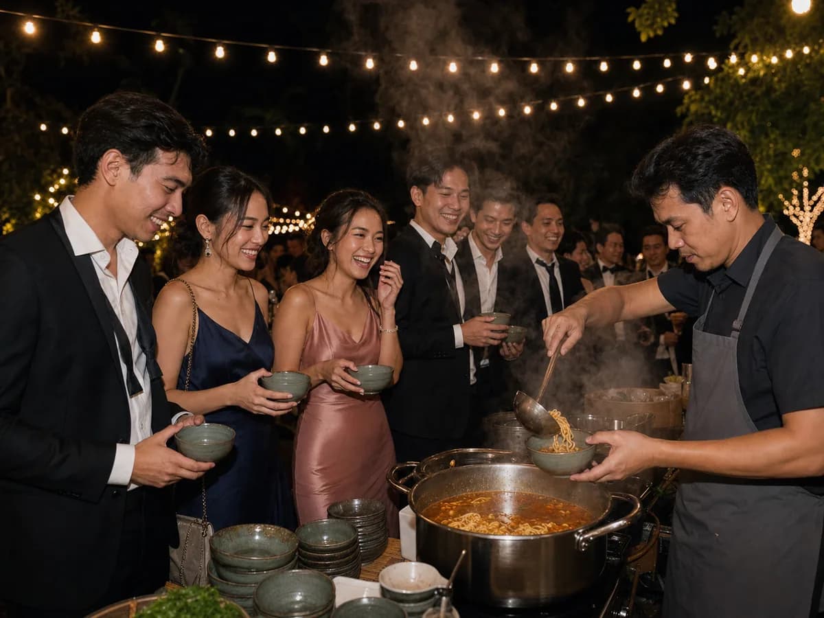 แขกในชุดราตรีต่อคิวรับมาม่าต้มยำร้อนๆ ที่สเตชั่นอาหารรอบดึกของงานแต่ง
