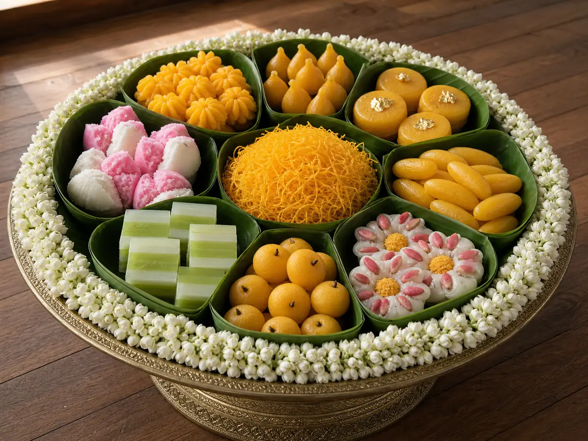 พานทองจัดขนมมงคลไทยเก้าชนิดแยกช่องและล้อมด้วยดอกมะลิสด