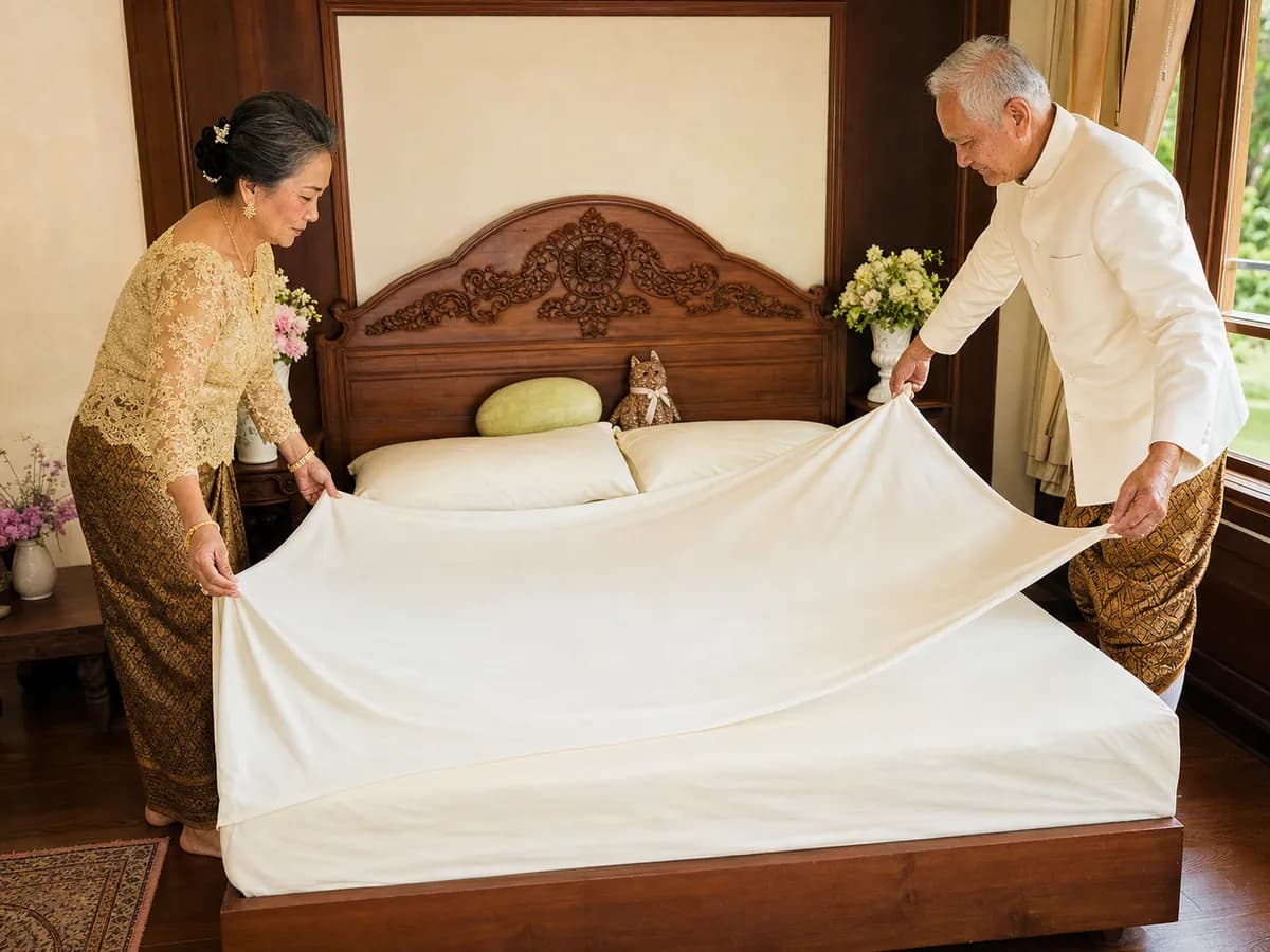 คู่ผู้ใหญ่ชาวไทยช่วยกันสะบัดผ้าปูที่นอนบนเตียงหอไม้สักที่มีฟักเขียวและตุ๊กตาแมววางอยู่