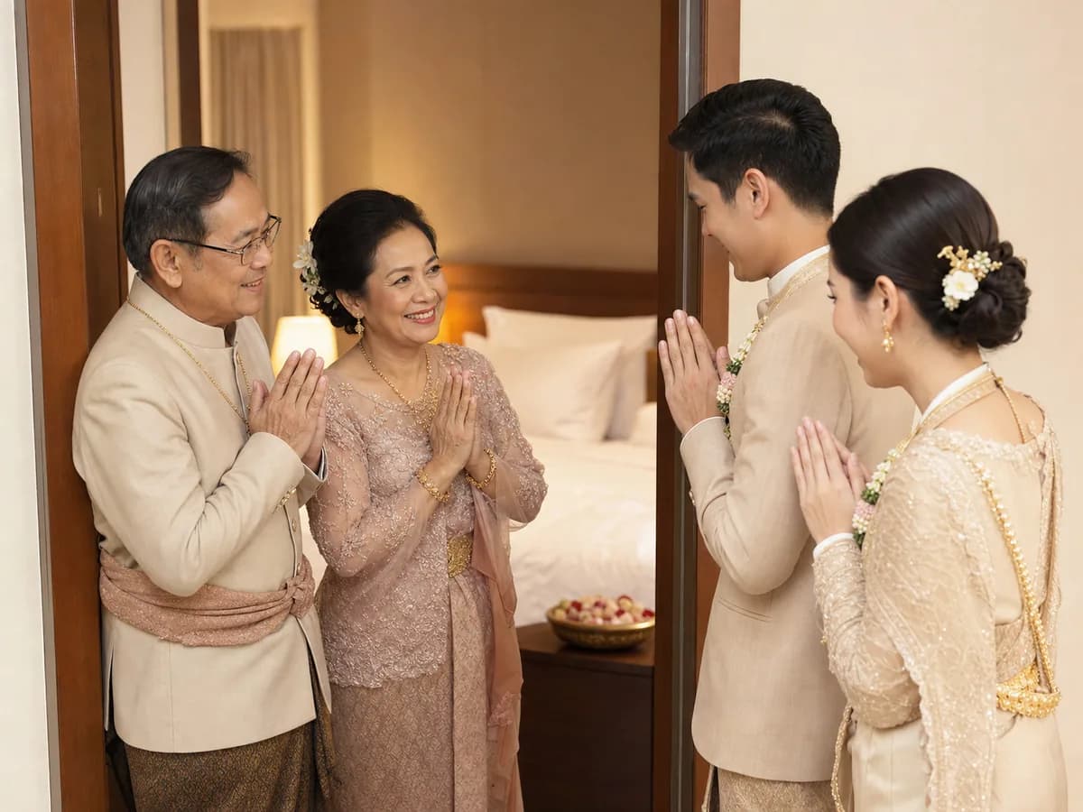 คู่ผู้ใหญ่ที่ครองรักกันมานานยิ้มทักทายบ่าวสาวก่อนเริ่มพิธีปูเตียง
