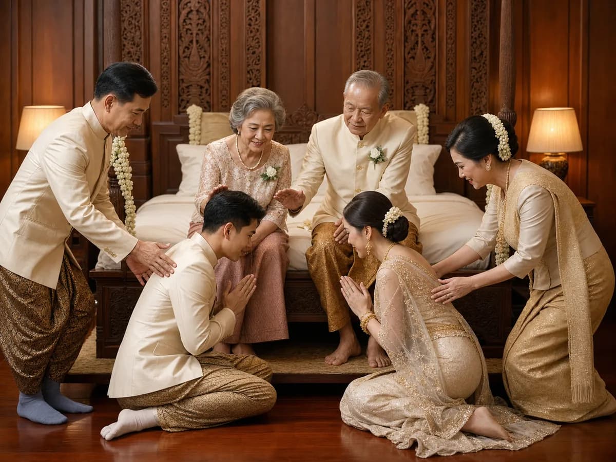 คุณพ่อคุณแม่จูงบ่าวสาวเข้าห้องหอเพื่อนั่งพับเพียบกราบรับพรจากเถ้าแก่ปูเตียง