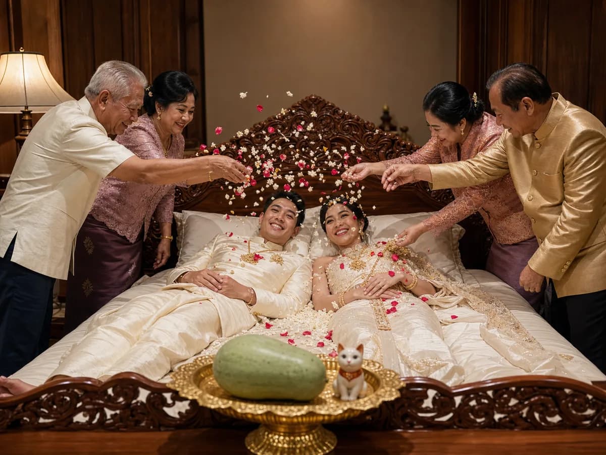 ผู้ใหญ่โปรยกลีบกุหลาบ ดอกมะลิ และข้าวตอกลงบนบ่าวสาวที่นอนเคียงกันบนเตียงหอ