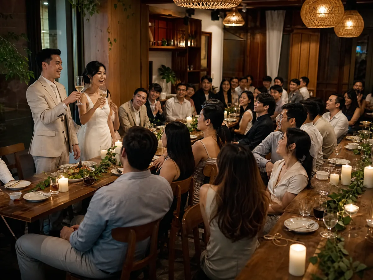 งานแต่งขนาดเล็กในร้านอาหารตกแต่งเรียบง่าย แขกราวห้าสิบคนนั่งร่วมโต๊ะยาวเดียวกัน