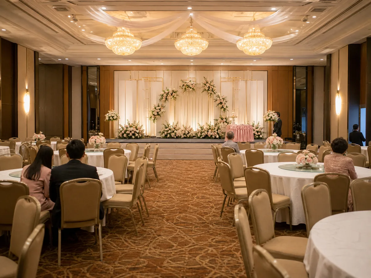 งานเลี้ยงโต๊ะจีนในโรงแรมสี่ดาวที่จัดเวทีและฉากดอกไม้ตามงบมาตรฐาน