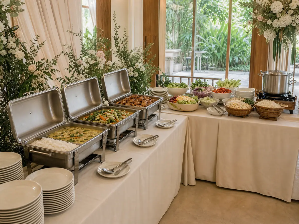 Wedding buffet line with hot-food chafing dishes, a salad station and plates for guests