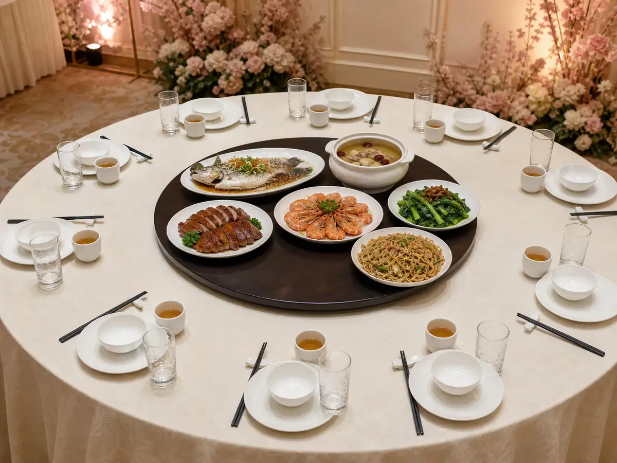 A ten-seat Chinese banquet table with six shared dishes on the wooden lazy Susan