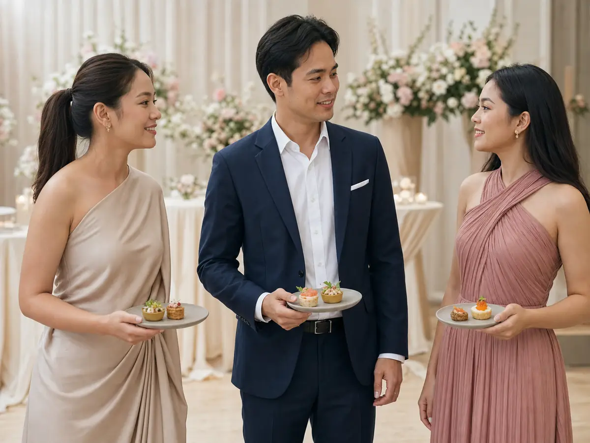Three Thai guests chatting while each holds a small plate of canapés at a cocktail reception