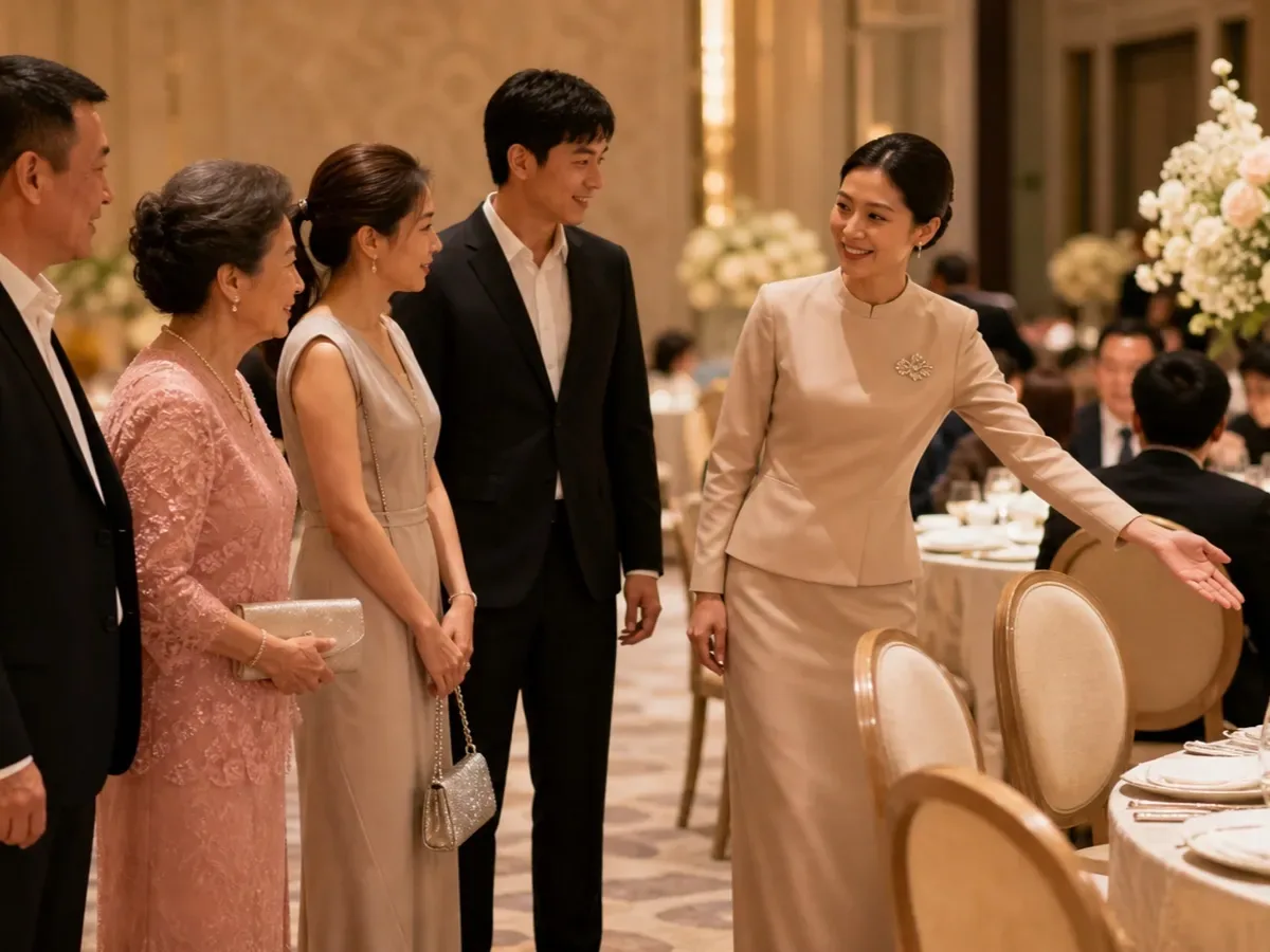 A whole group of guests arriving together while a hostess gestures them towards their seats