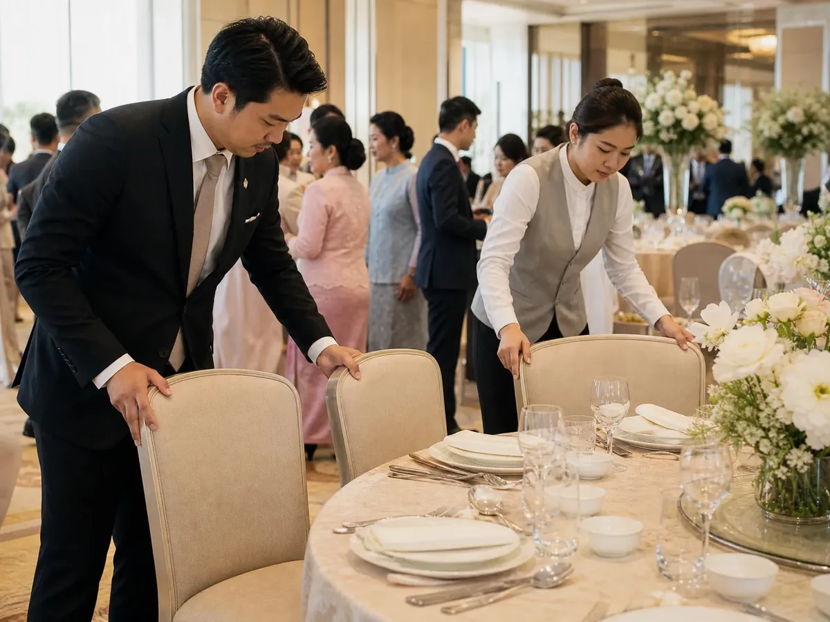 A venue staff member sliding one extra chair into a round table where guests are already seated