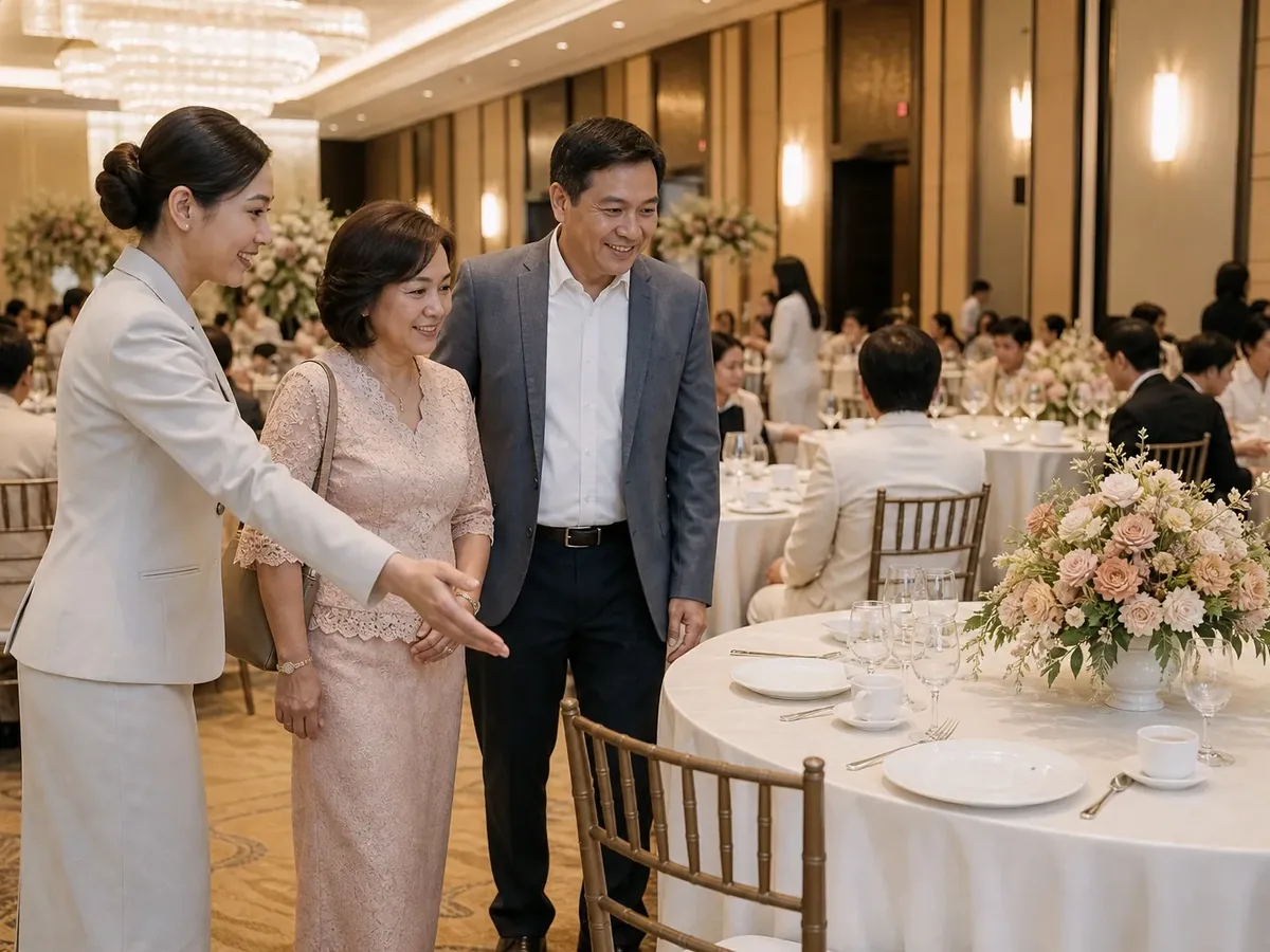 A smiling usher holding out her hand to walk an older couple to a reception table
