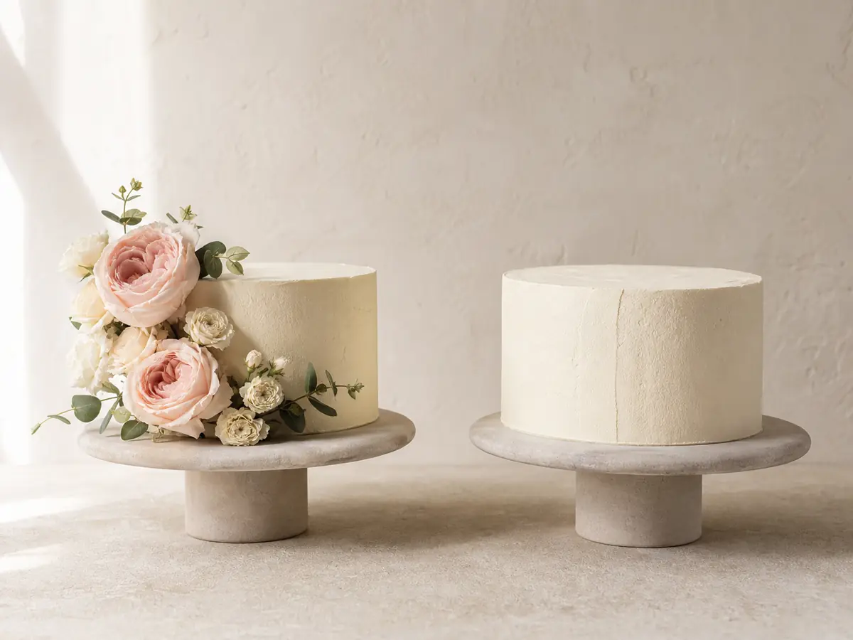 Two single-tier wedding cakes comparing a fresh-floral style with a clean minimal design