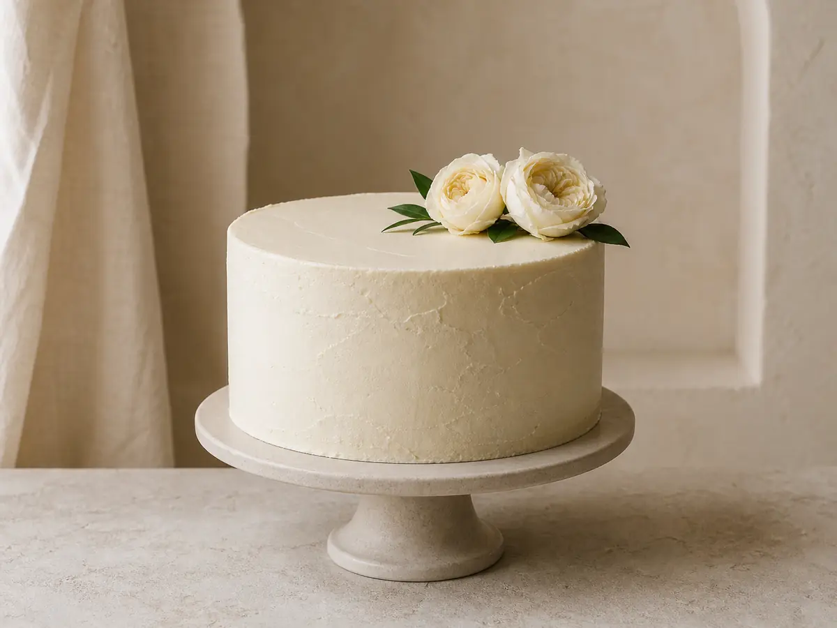 Minimal single-tier ivory wedding cake with a restrained fresh-flower accent