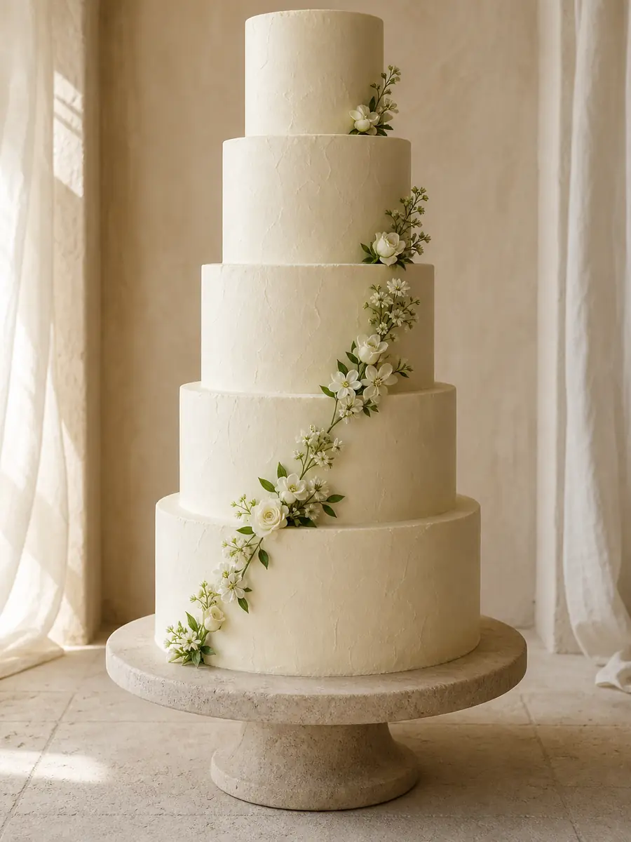 Tall five-tier wedding cake with a diagonal trail of fresh flowers