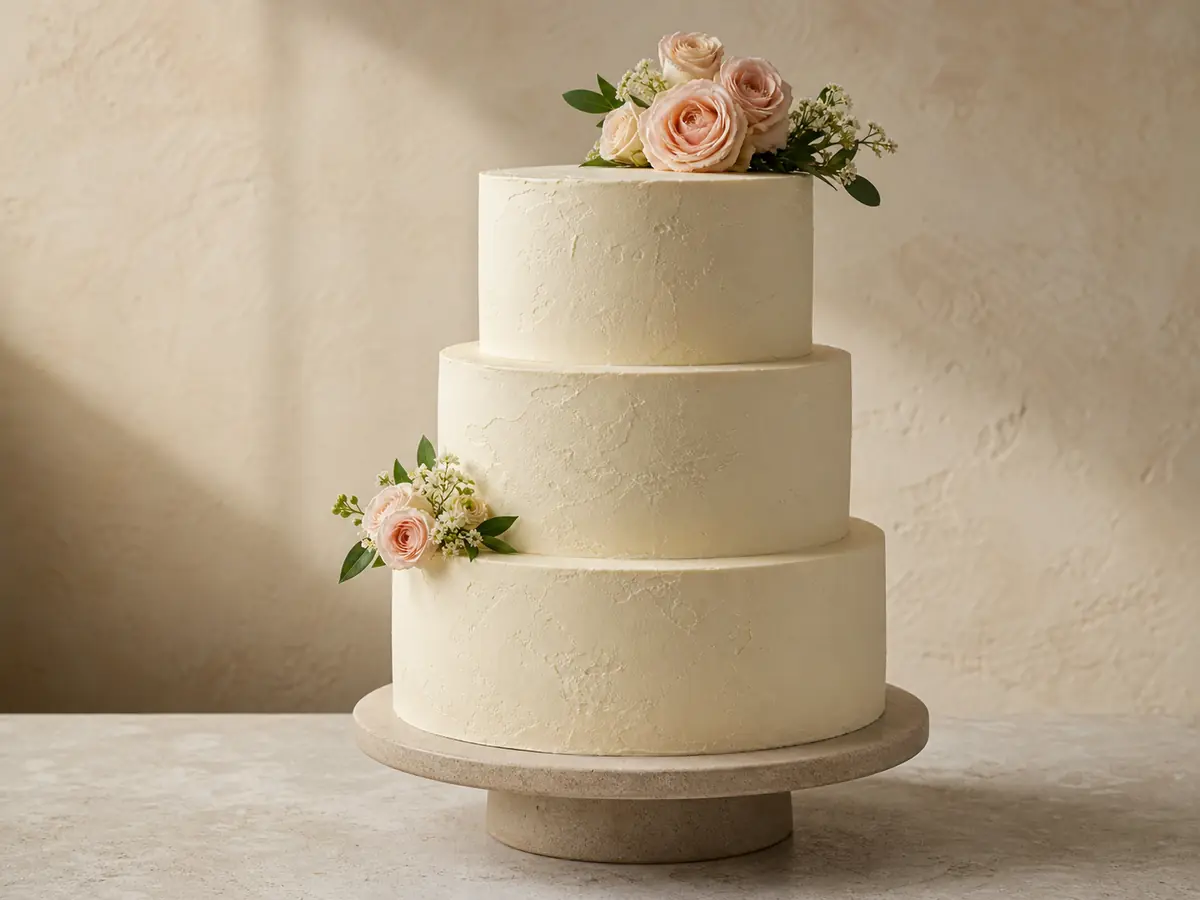Three-tier ivory wedding cake decorated with blush-pink roses
