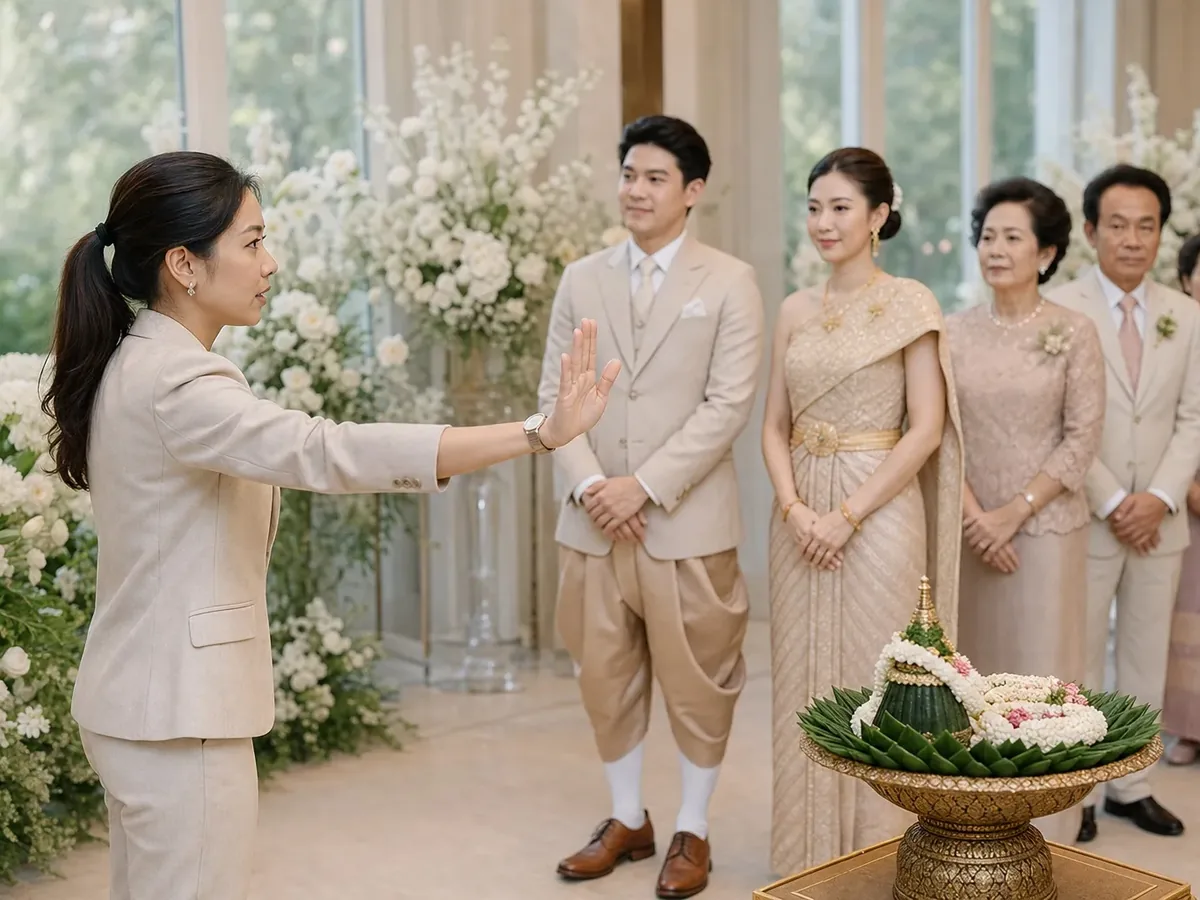 เวดดิ้งแพลนเนอร์จัดแถวขบวนขันหมากให้เจ้าบ่าวและญาติก่อนออกเดินขบวน