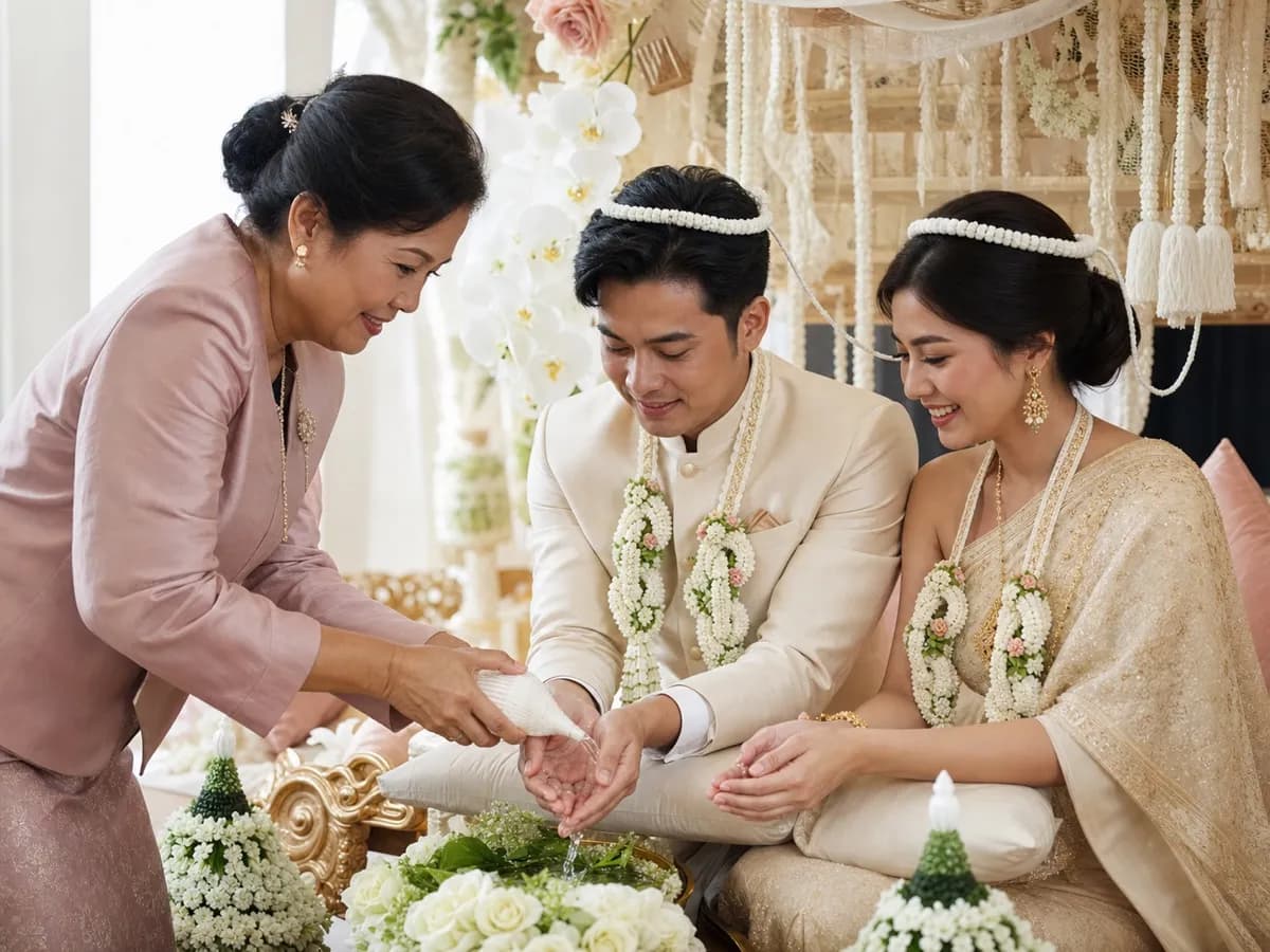 ผู้ใหญ่หลั่งน้ำสังข์ลงบนมือคู่บ่าวสาวที่สวมมงคลแฝดในพิธีรดน้ำสังข์