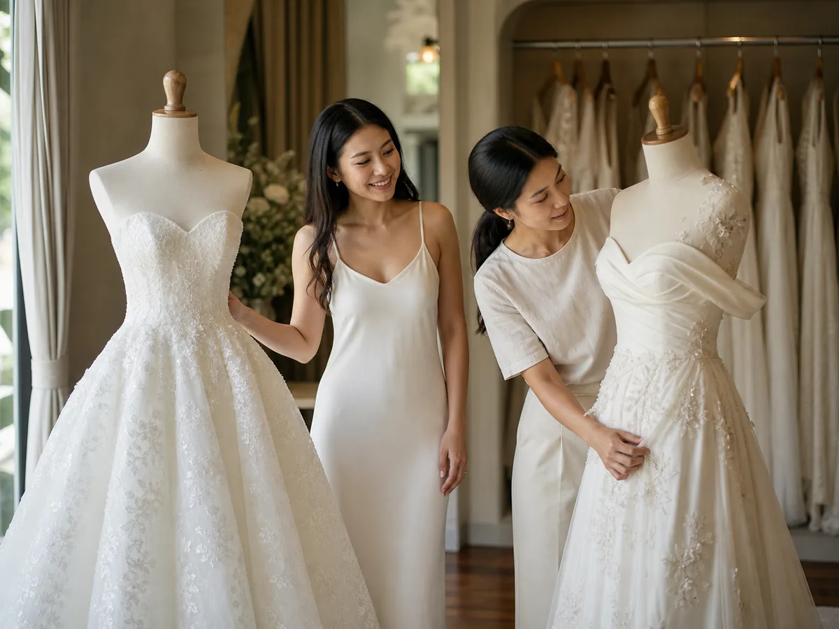 A bride-to-be in a bridal shop while an assistant adjusts a gown on the dress form beside the shop's rail