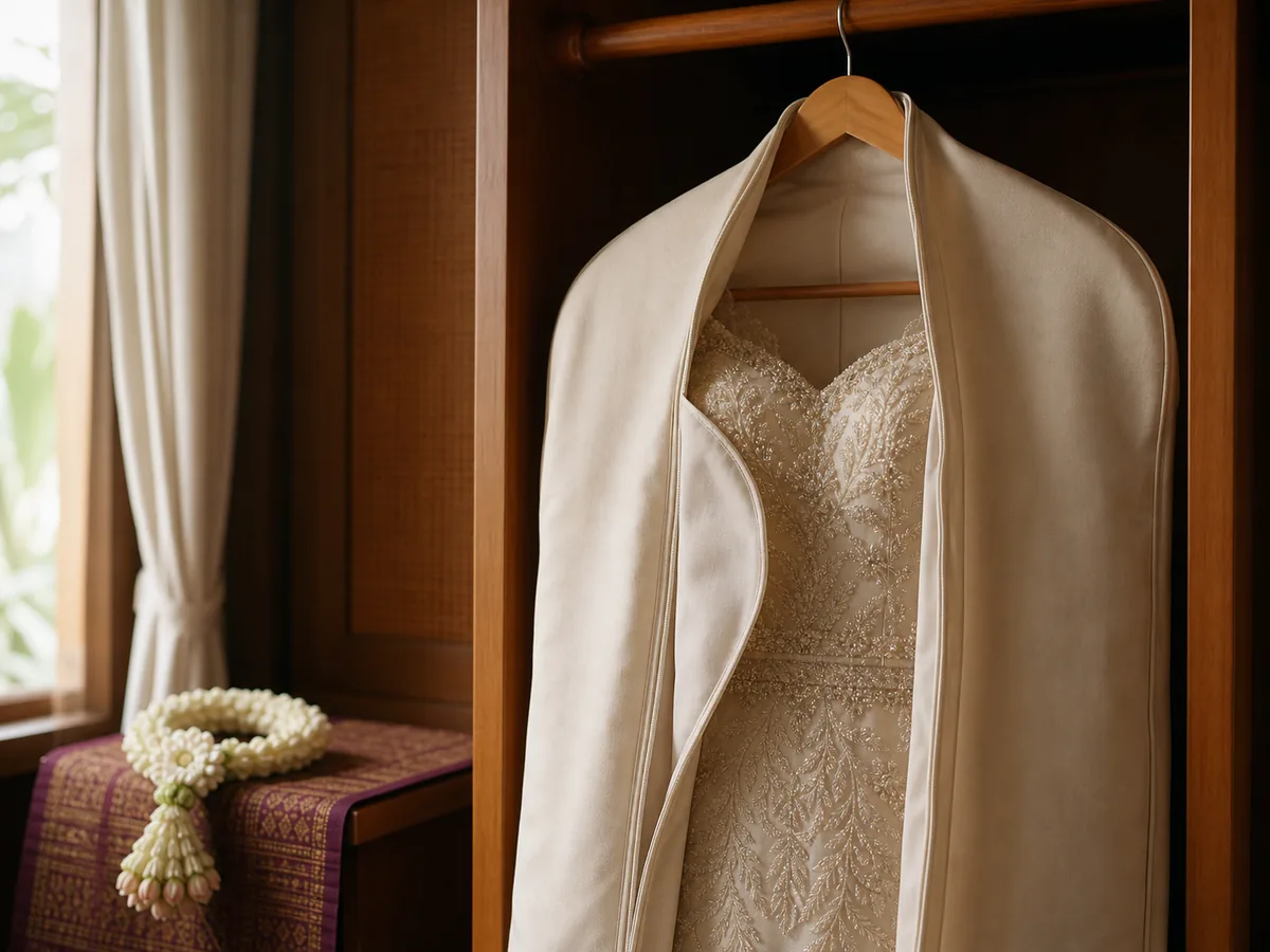 A custom-made wedding gown hanging in a garment bag, kept after the wedding