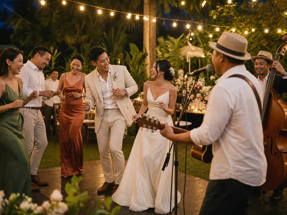 แขกสวมหมวกและแว่นตาใบใหญ่โพสท่าถ่ายรูปในโฟโต้บูธหน้ากำแพงดอกไม้