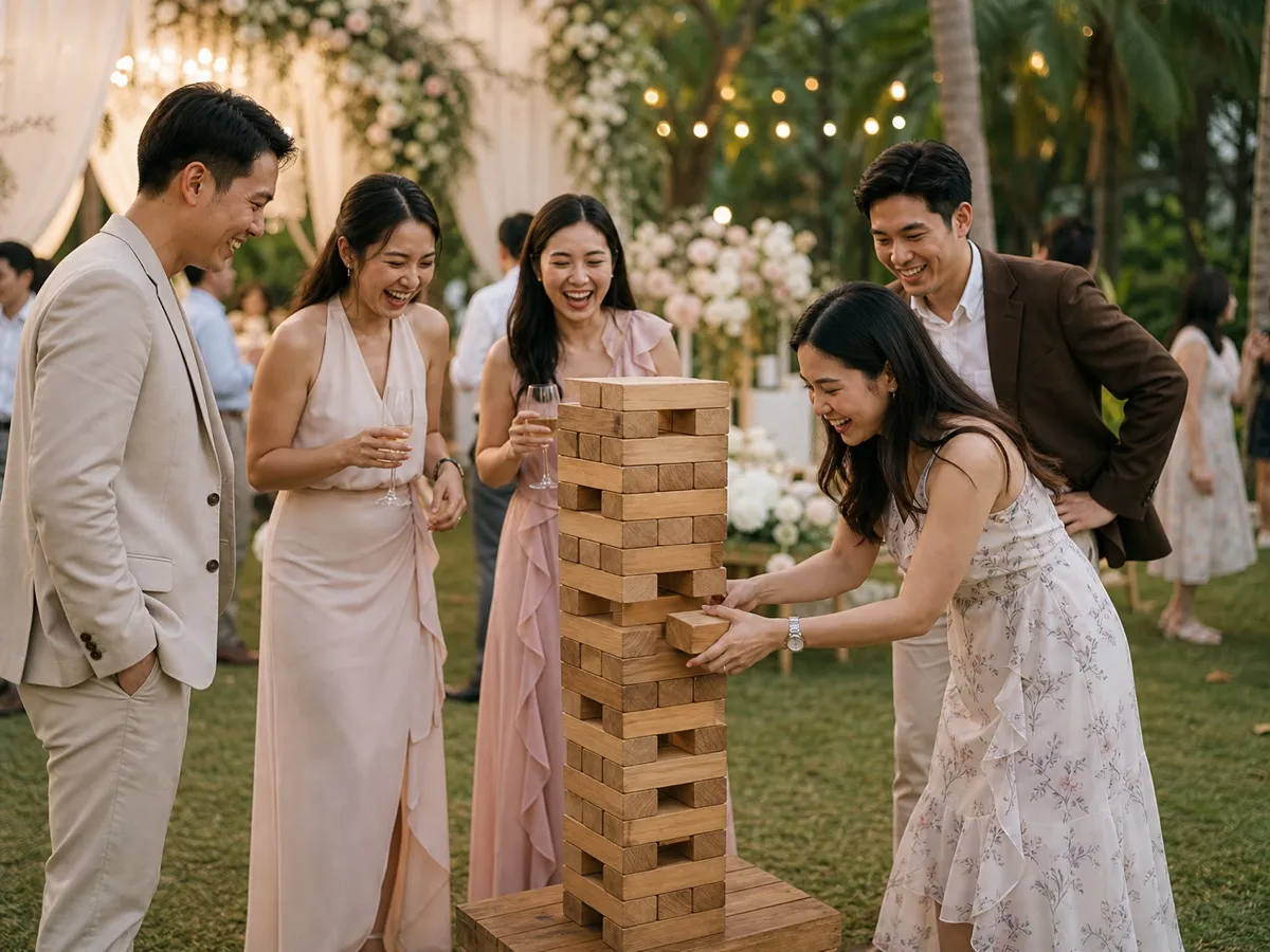 แขกกลุ่มหนึ่งหัวเราะขณะเล่นเกมไม้เจนก้าขนาดยักษ์บนสนามหญ้า