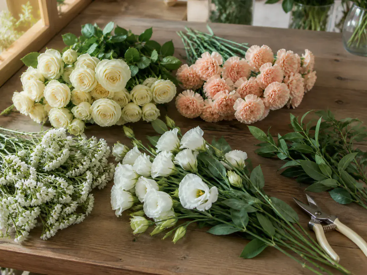 Various seasonal wedding flowers on a florist's work table