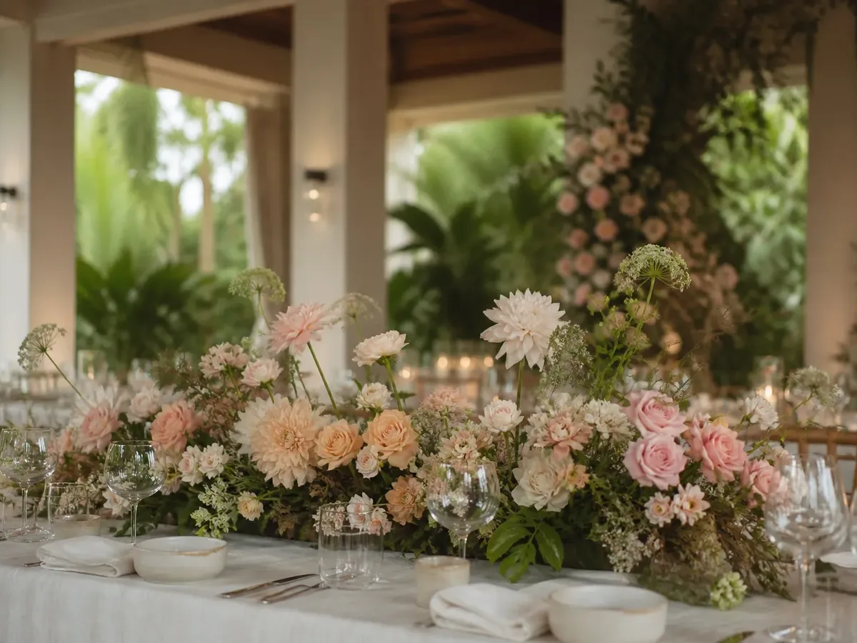A long reception table dressed with a continuous pastel floral runner at an open-air venue