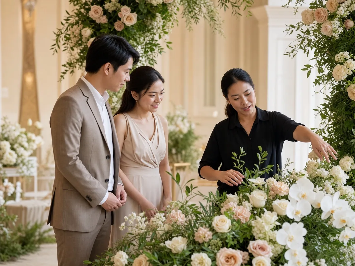 A florist walking the couple through the details of a flower arch on site