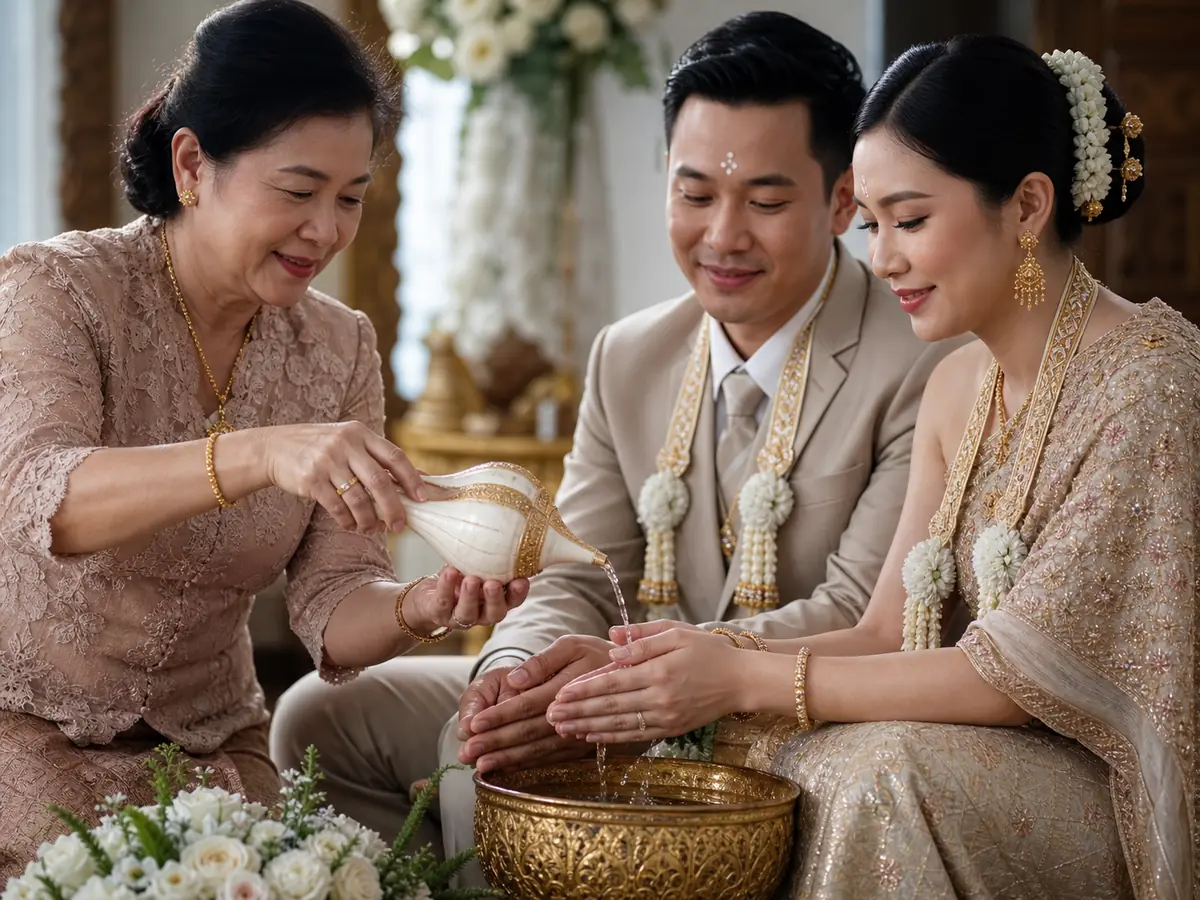 ผู้ใหญ่ค่อย ๆ รดน้ำสังข์ลงบนมือคู่บ่าวสาวที่ประนมรออยู่ในพิธีเช้า