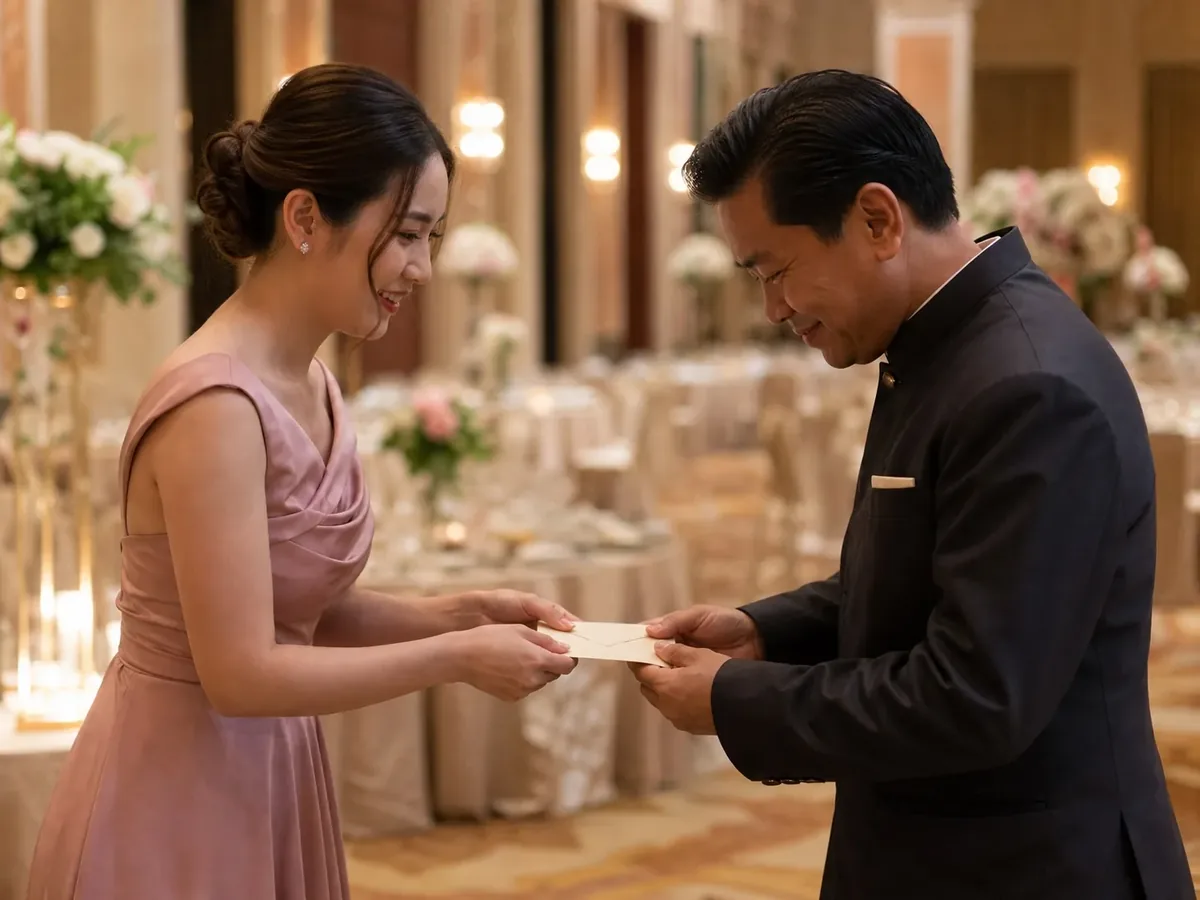 เจ้าสาวยื่นซองทิปให้พิธีกรในชุดสูทไทยคอตั้งข้างเวทีงานเลี้ยง