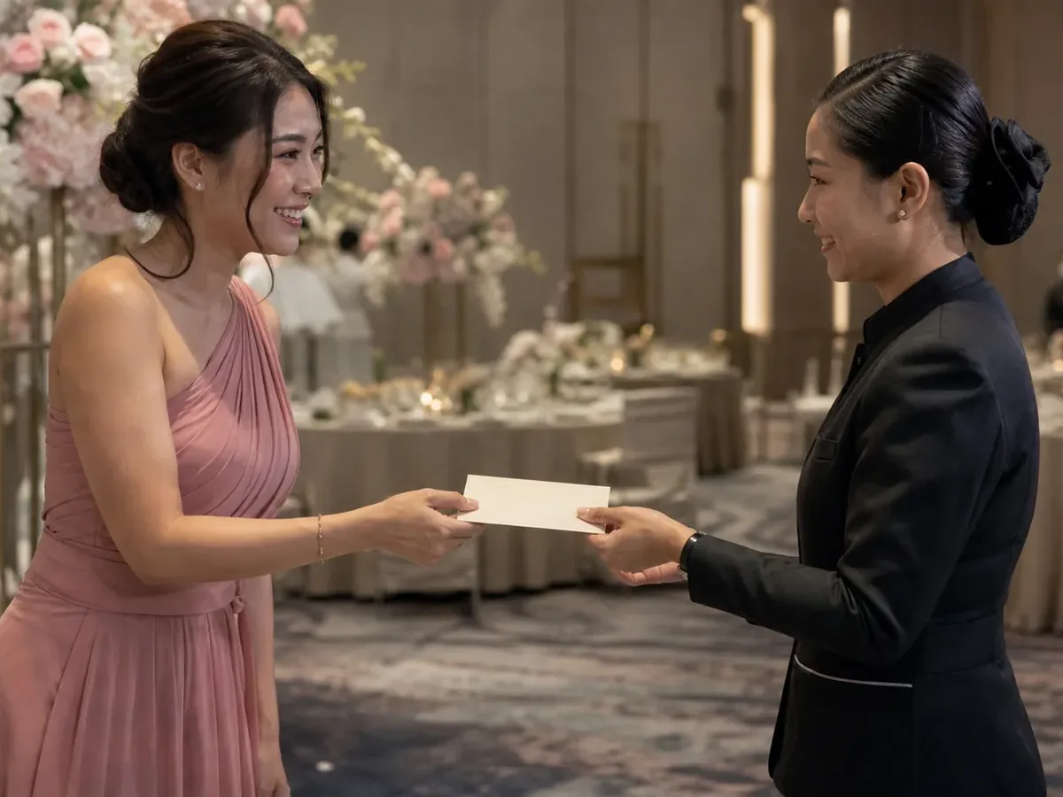 เจ้าสาวยื่นซองขอบคุณให้พนักงานจัดเลี้ยงในชุดสูทดำข้างโต๊ะอาหาร