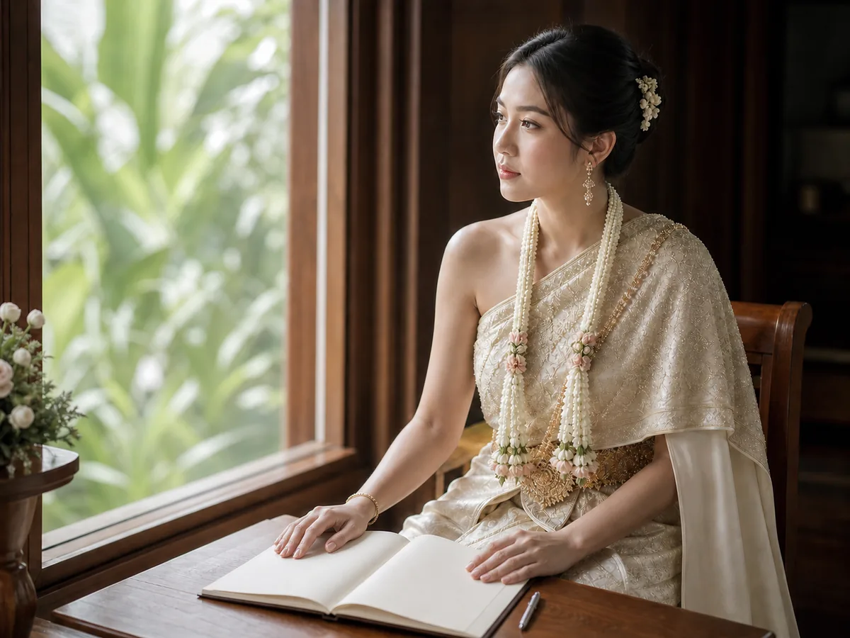 เจ้าสาวนั่งคิดคำปฏิญาณกับสมุดโน้ตริมหน้าต่างในตอนเช้า