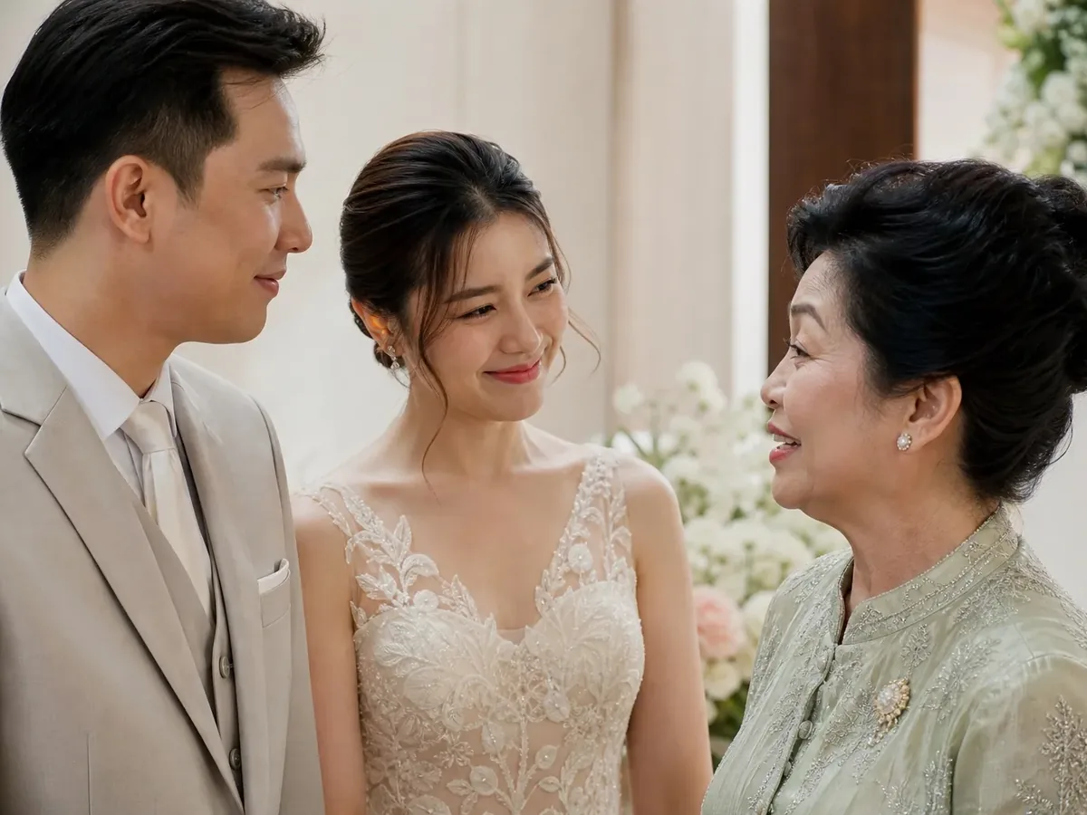 The bride and groom smiling as an older relative offers her congratulations by the floral arch