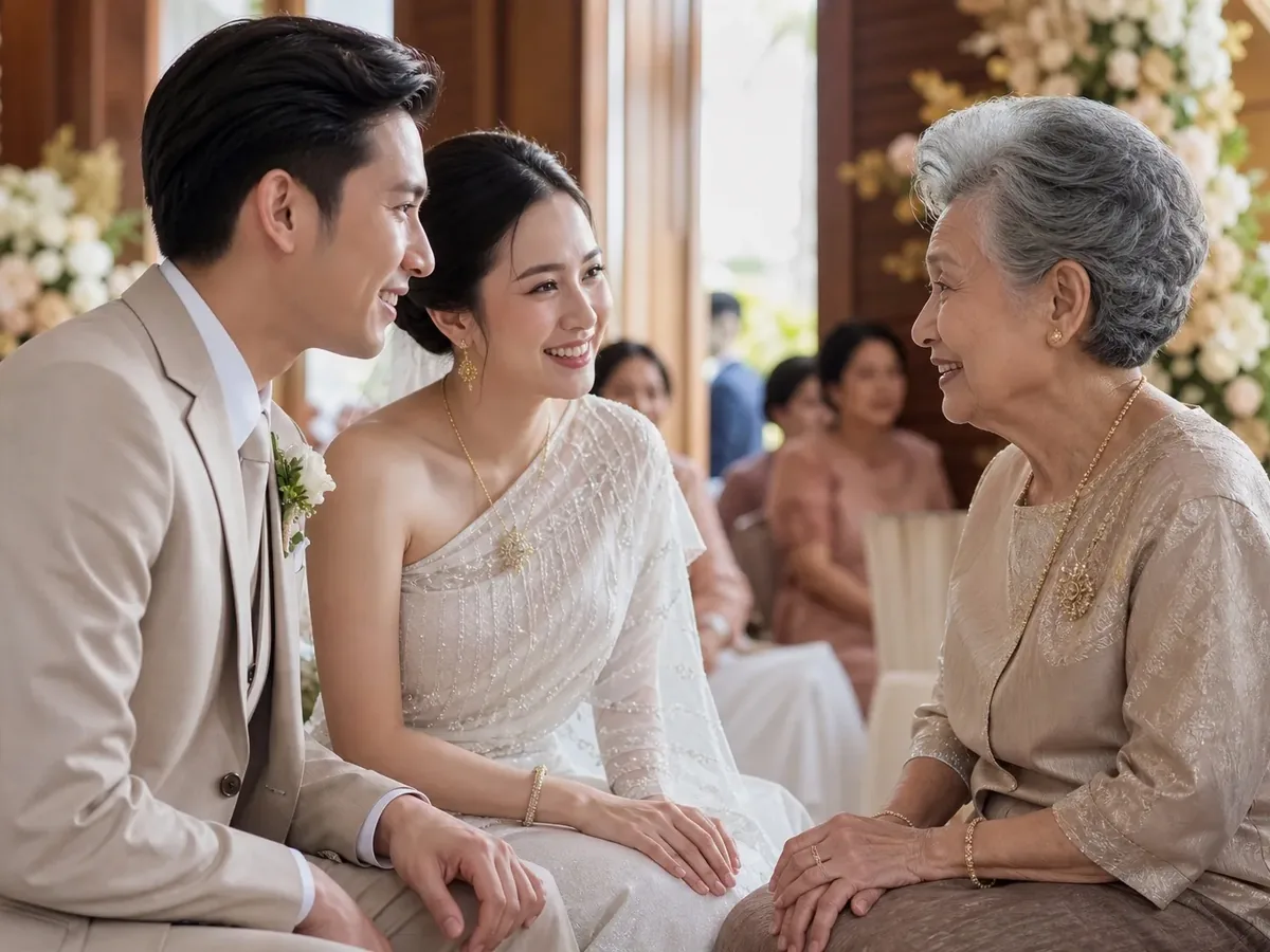 A grandmother sitting and offering her wishes to the newlyweds seated across from her at the reception
