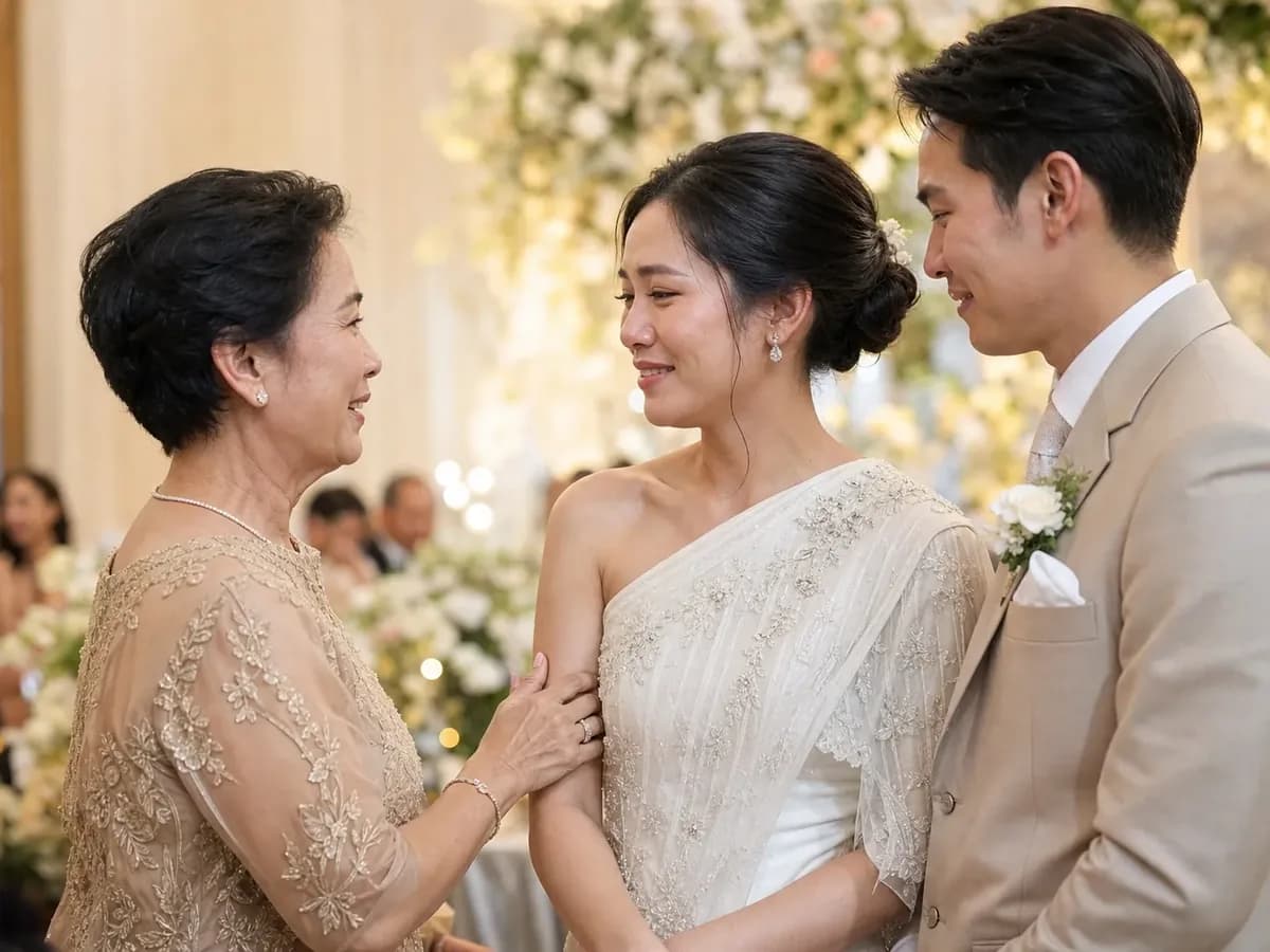 An elder holding the bride's arms to give her blessing while the groom stands beside them