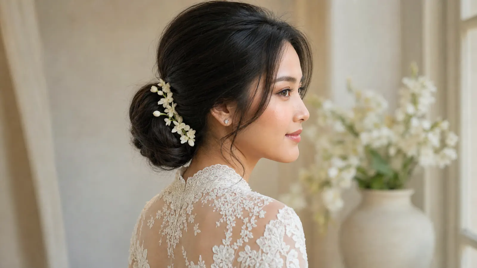 เจ้าสาวกับทรงผมเกล้าประดับดอกไม้สวยงามมองจากด้านหลัง