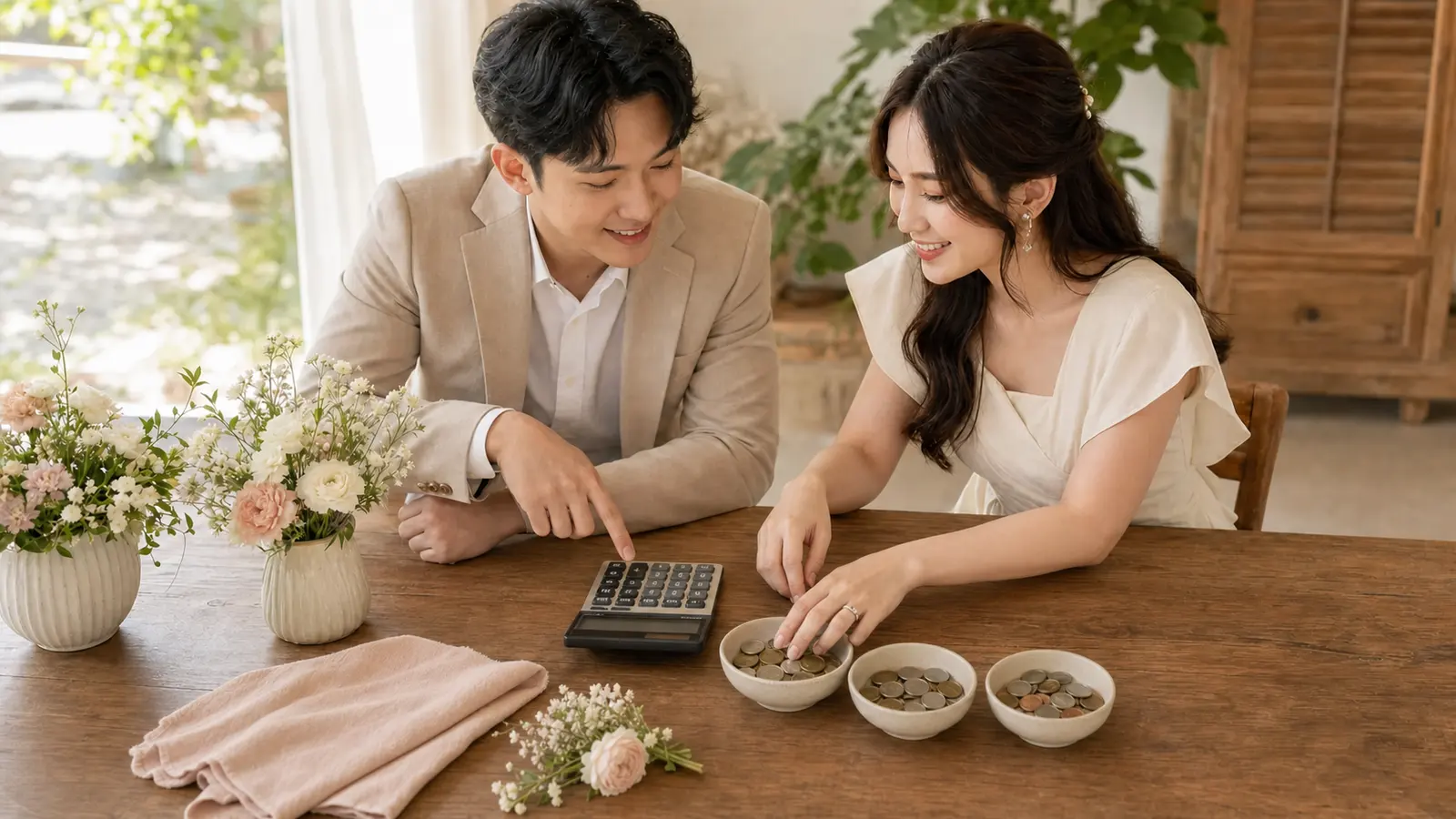คู่รักไทยเปรียบเทียบทางเลือกประหยัดงบงานแต่งด้วยเครื่องคิดเลข