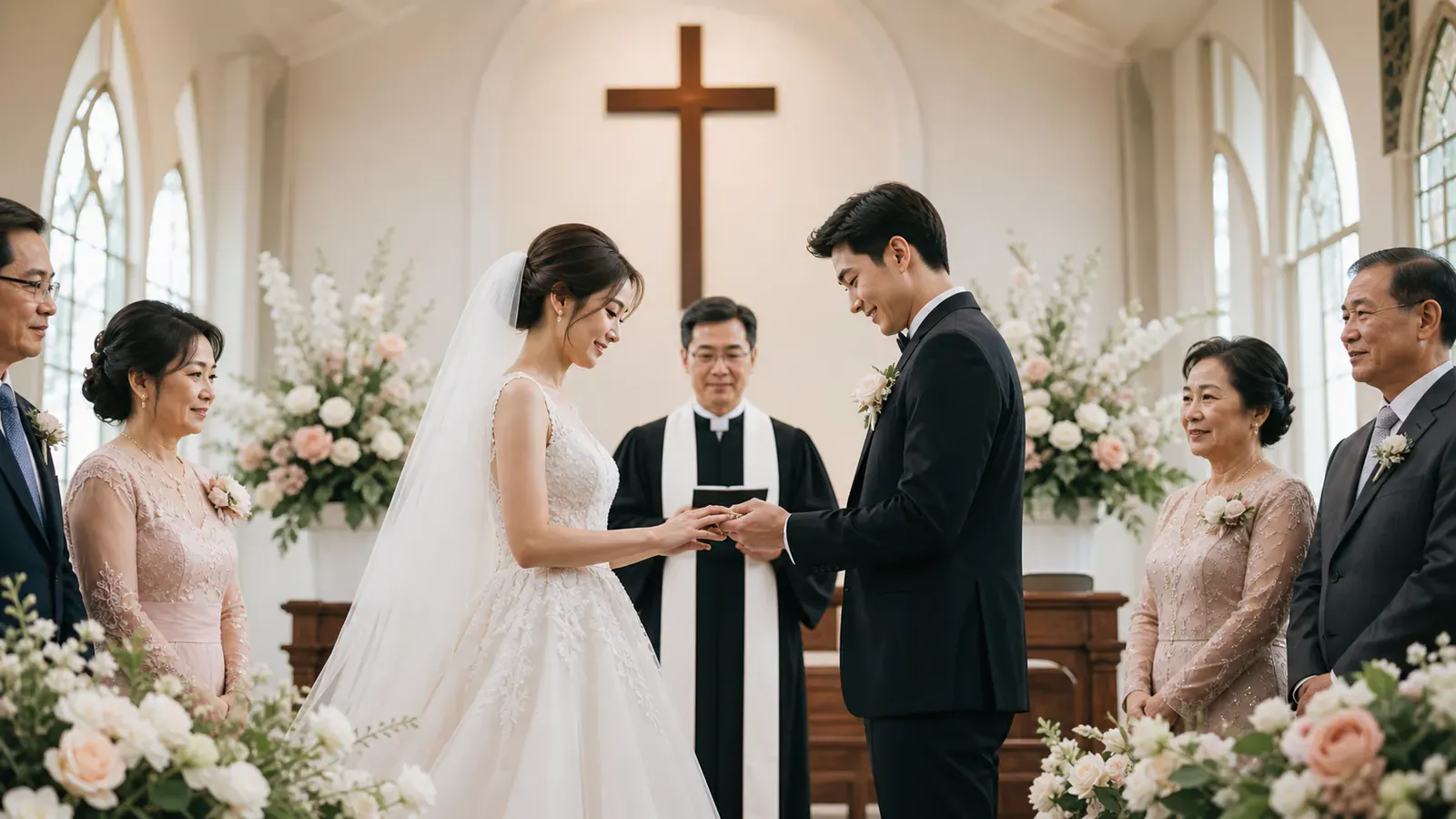 คู่บ่าวสาวไทยแลกแหวนต่อหน้าศิษยาภิบาลและครอบครัวในโบสถ์คริสต์
