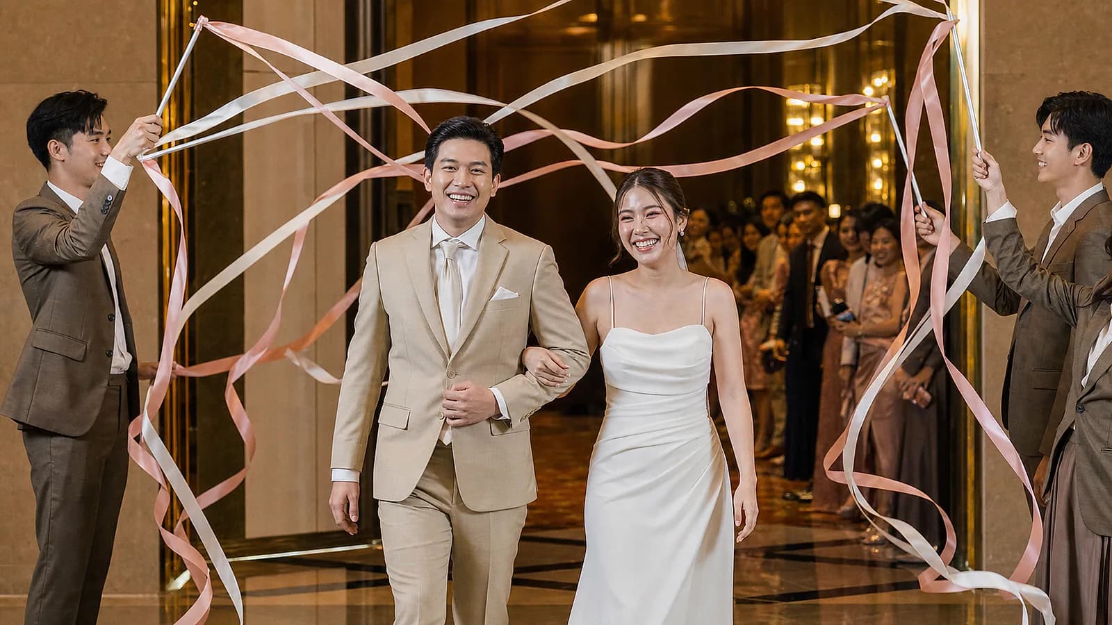 คู่บ่าวสาวไทยเดินเข้างานเลี้ยงอย่างสนุกท่ามกลางริบบิ้น