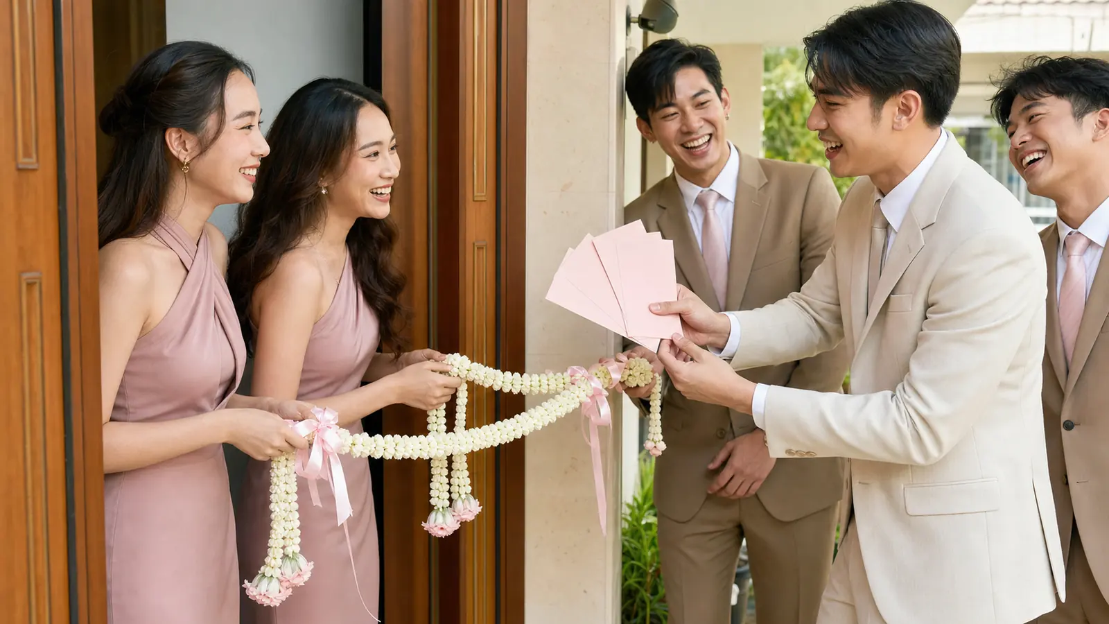 เพื่อนบ่าวสาวจัดประตูกั้นขบวนขันหมากด้วยริบบิ้นและพวงมาลัย