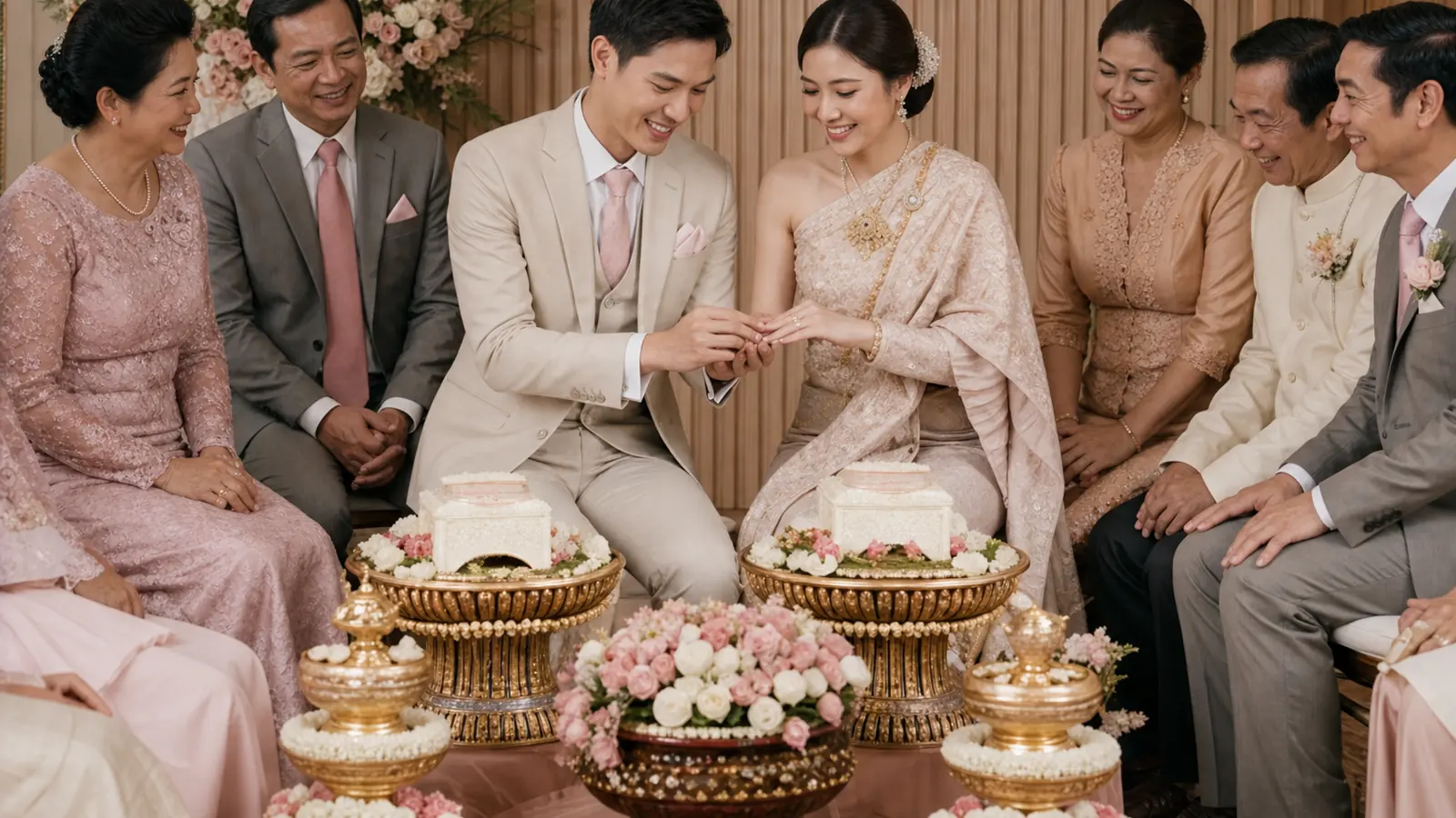 คู่รักไทยแลกแหวนหมั้นต่อหน้าครอบครัวและพานพิธี