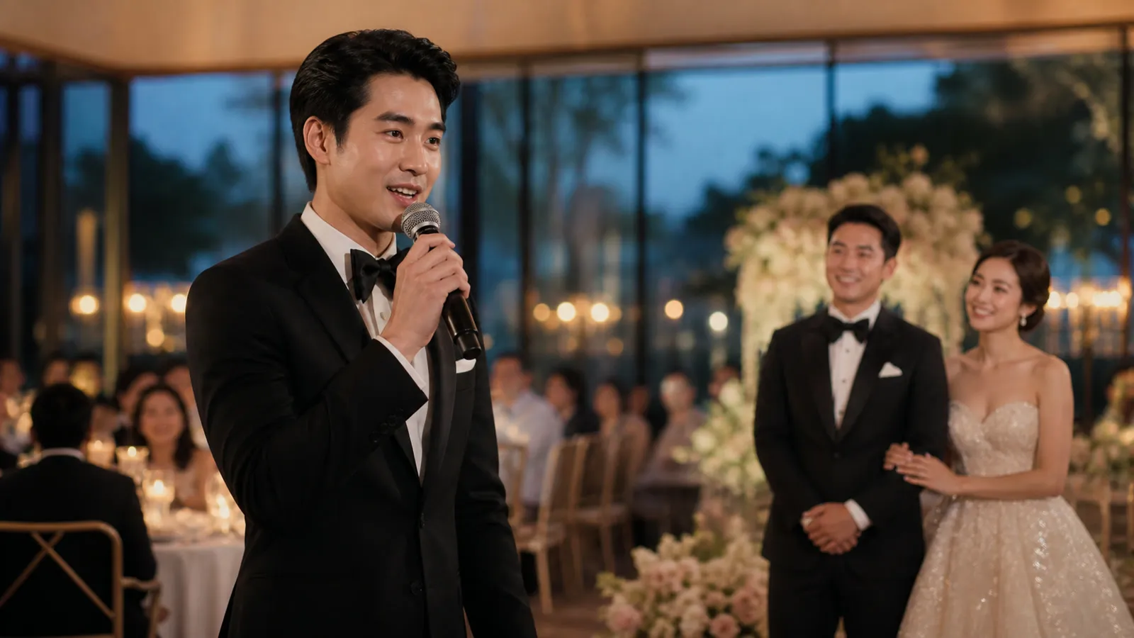 งานเลี้ยงฉลองยามค่ำใต้ไฟสายระย้า แขกนั่งโต๊ะกลมพร้อมเทียน