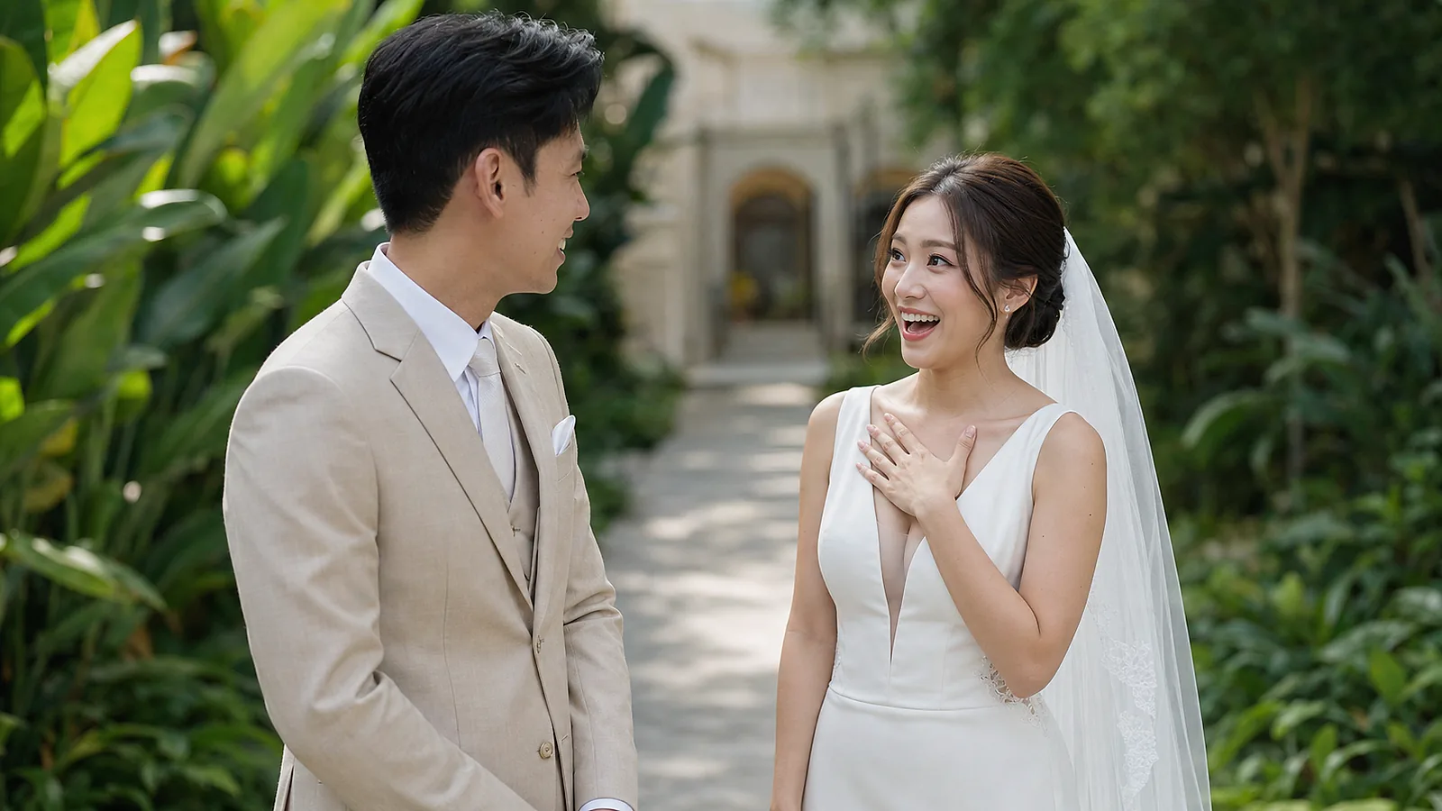 คู่บ่าวสาวไทยพบกันครั้งแรกก่อนพิธีในสวนเงียบสงบ