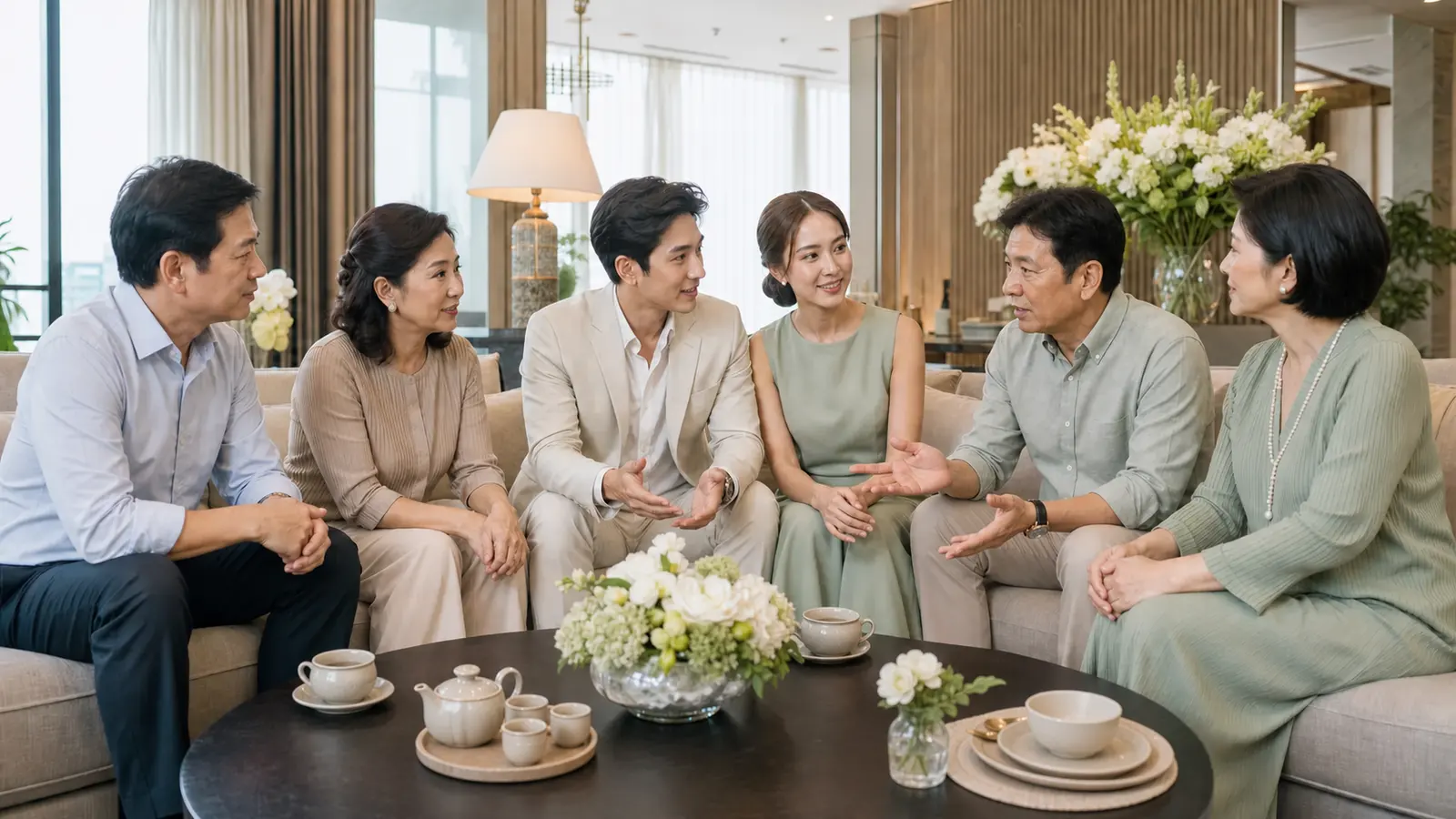 คู่รักไทยพูดคุยเรื่องรูปแบบงานกับผู้ใหญ่ทั้งสองครอบครัว
