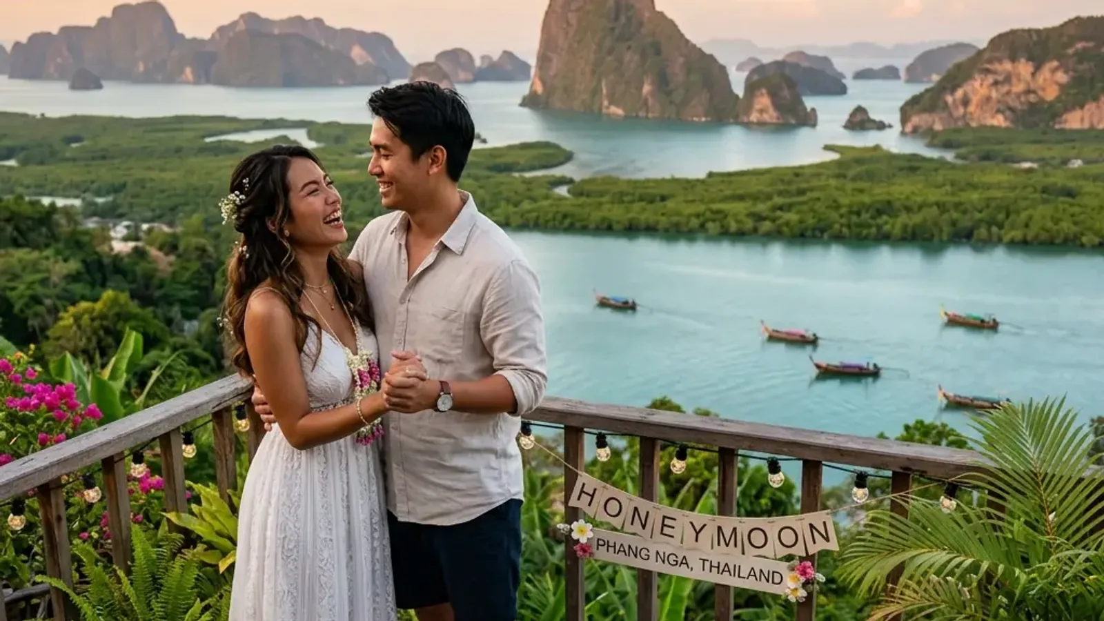 คู่รักชาวไทยกำลังเพลิดเพลินกับฮันนีมูนสุดโรแมนติกในธรรมชาติ