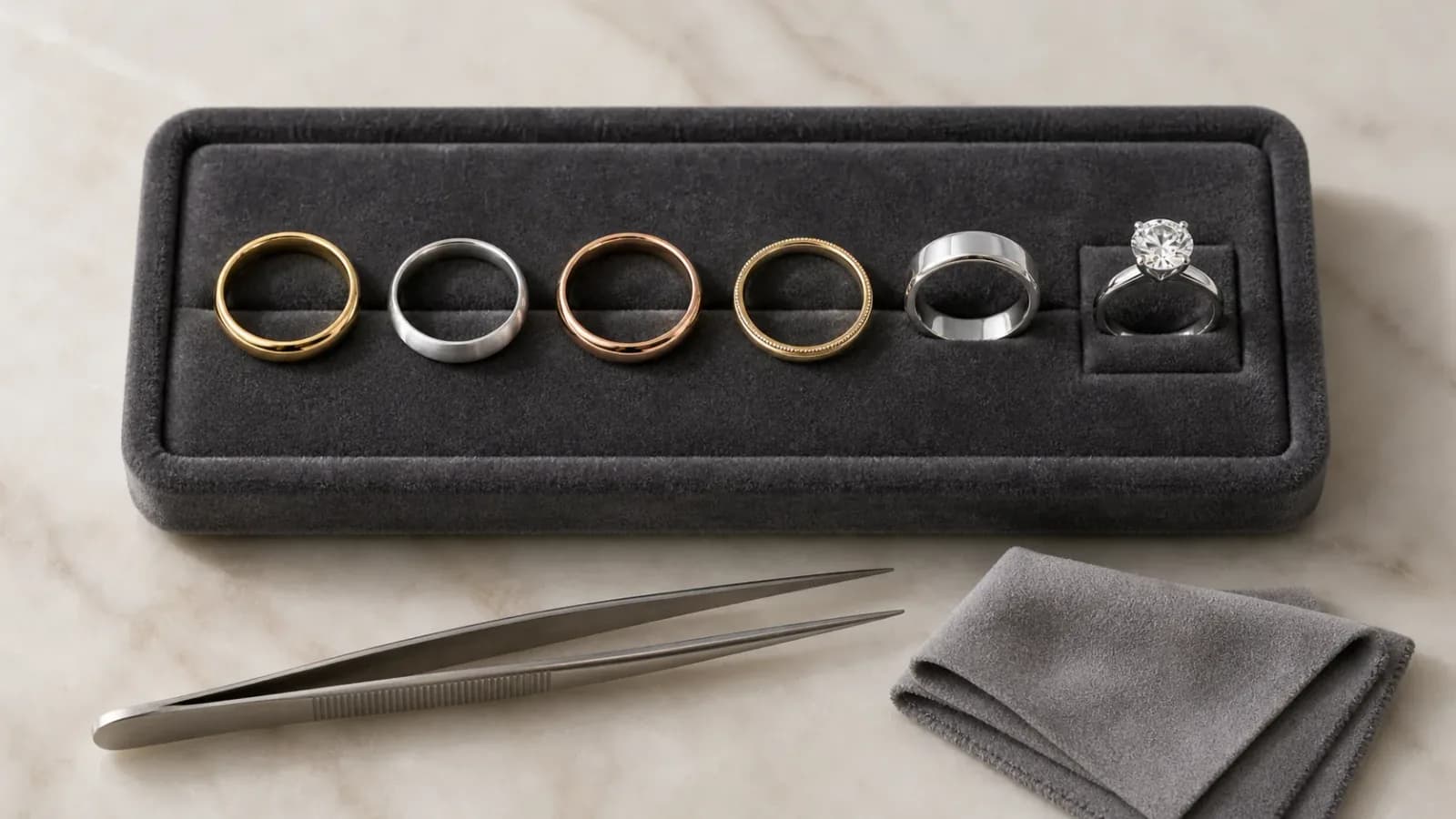 A jeweller's grey velvet tray lined with yellow, white and rose gold wedding bands beside a solitaire diamond ring